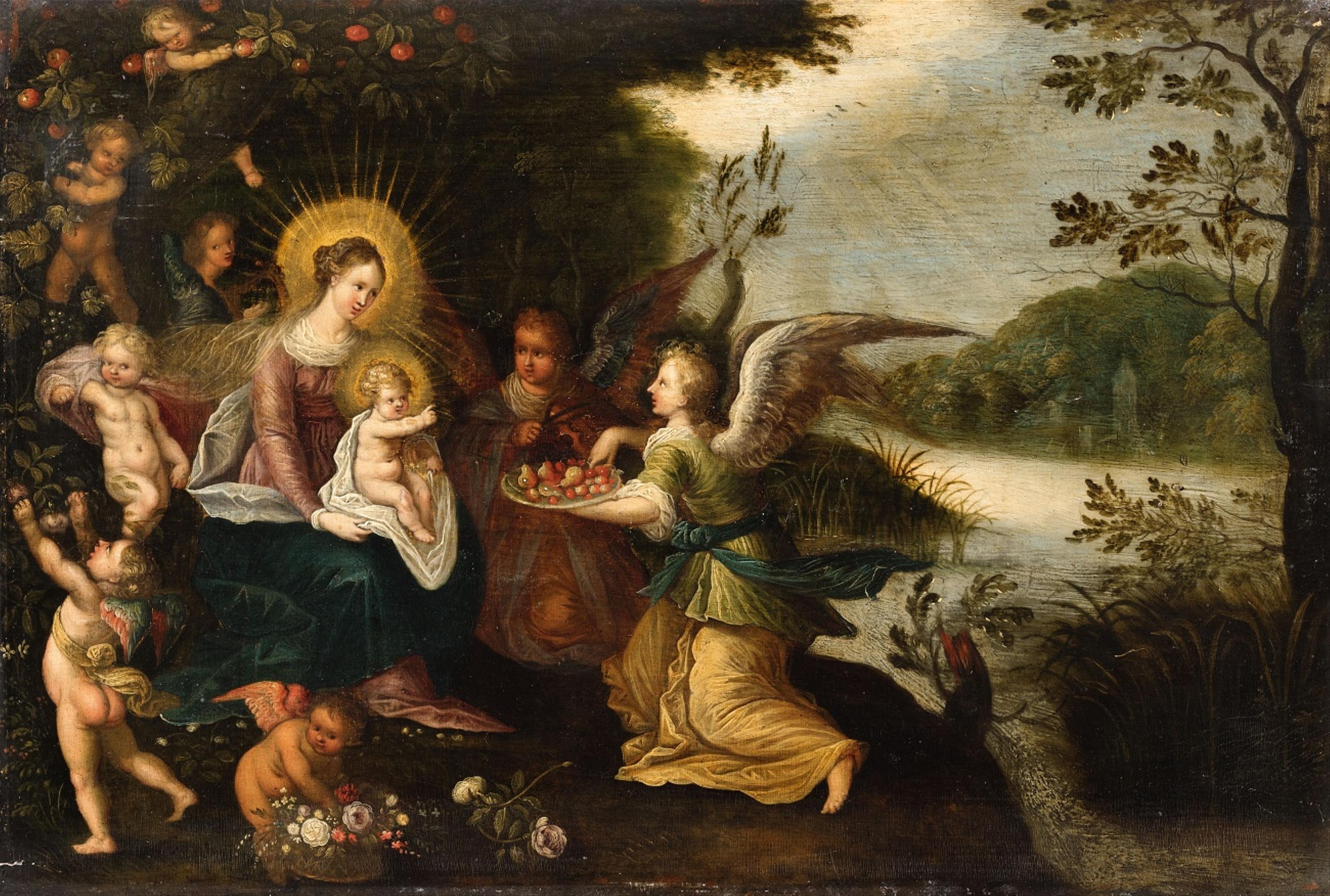 Flemish School 17th century - The Virgin and Child with Angels in a Panoramic Landscape - image-1
