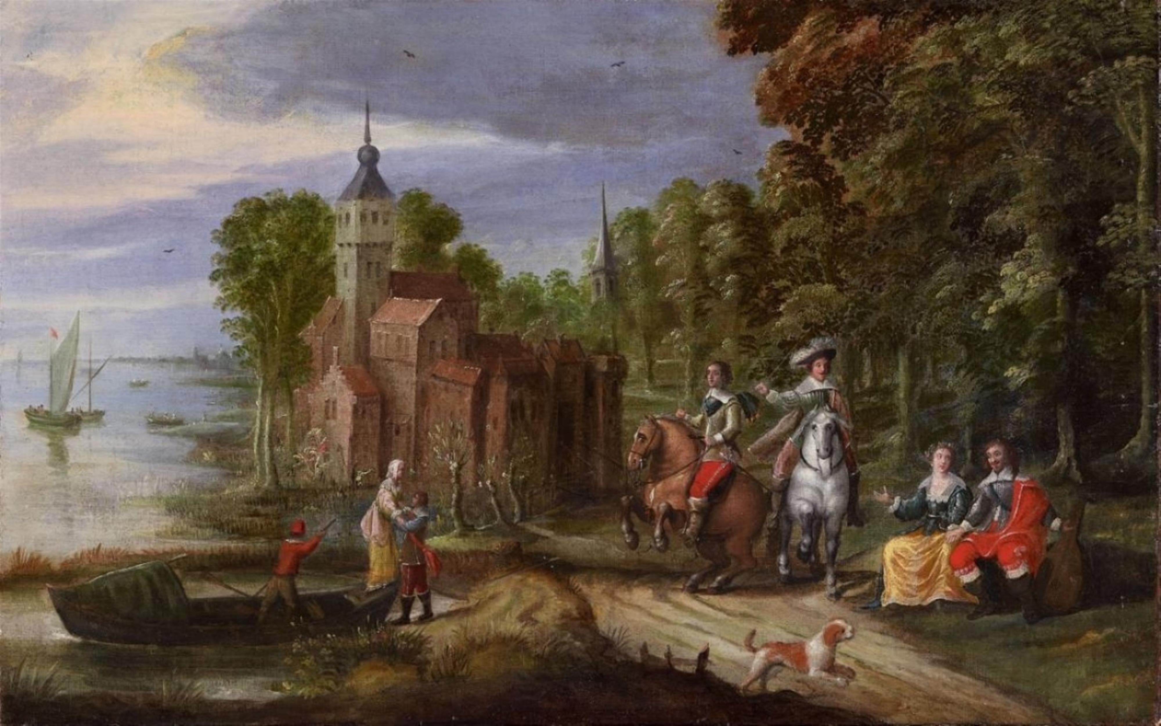 Flemish School, 17th century - Coastal Landscape with a Palace and Elegant Company - image-1