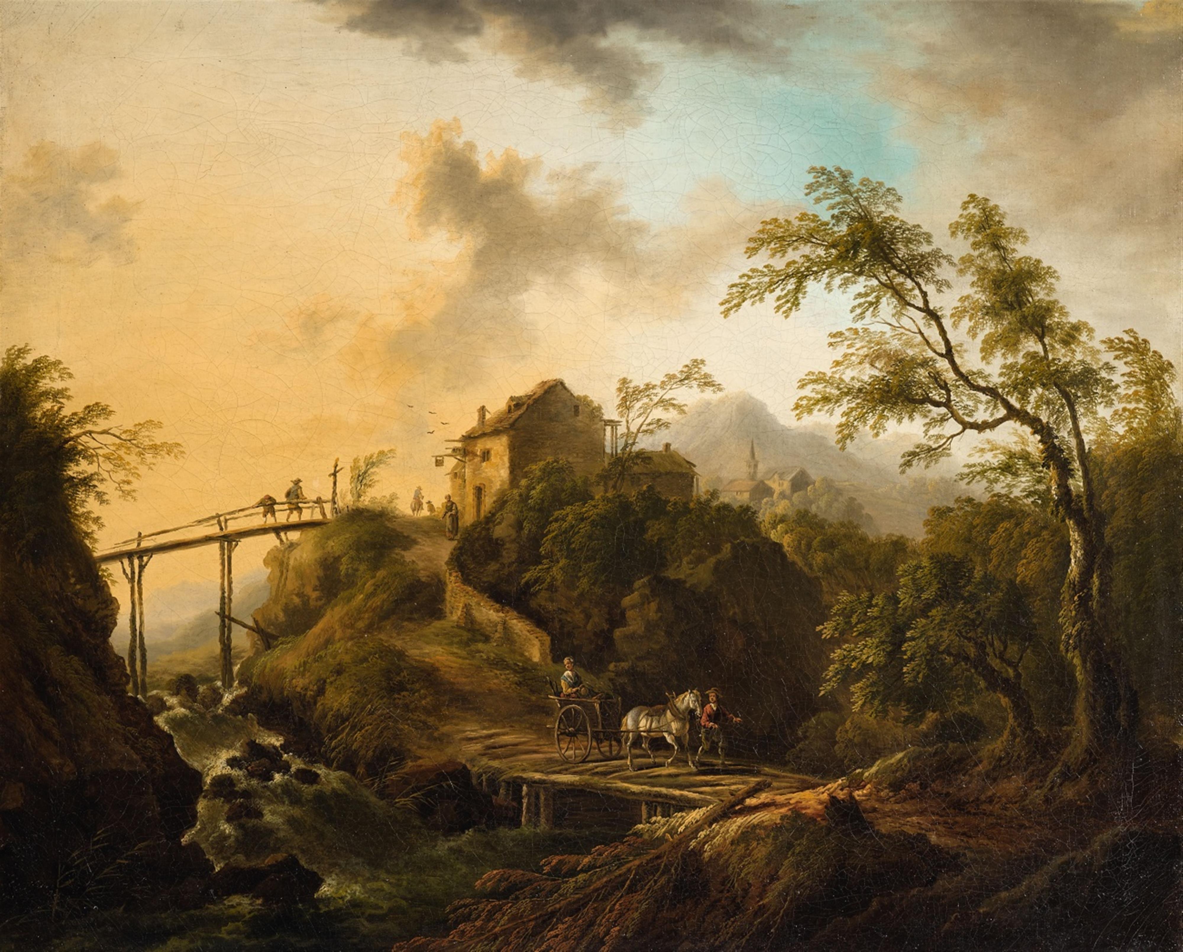Christian Georg Schütz the Elder - A Mountainous Landscape with a Brook and Tavern - image-1