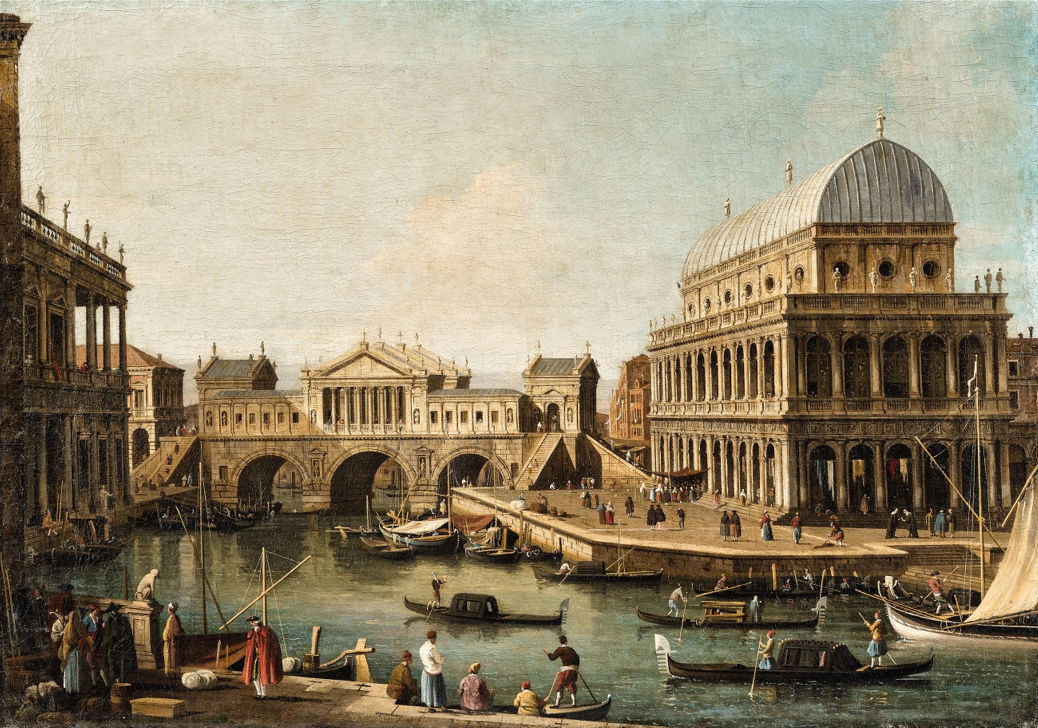 Antonio Canal, genannt Canaletto, nach - Architekturcapriccio mit dem Ponte di Rialto nach dem Entwurf Palladios und Gebäuden in Vicenza - image-1