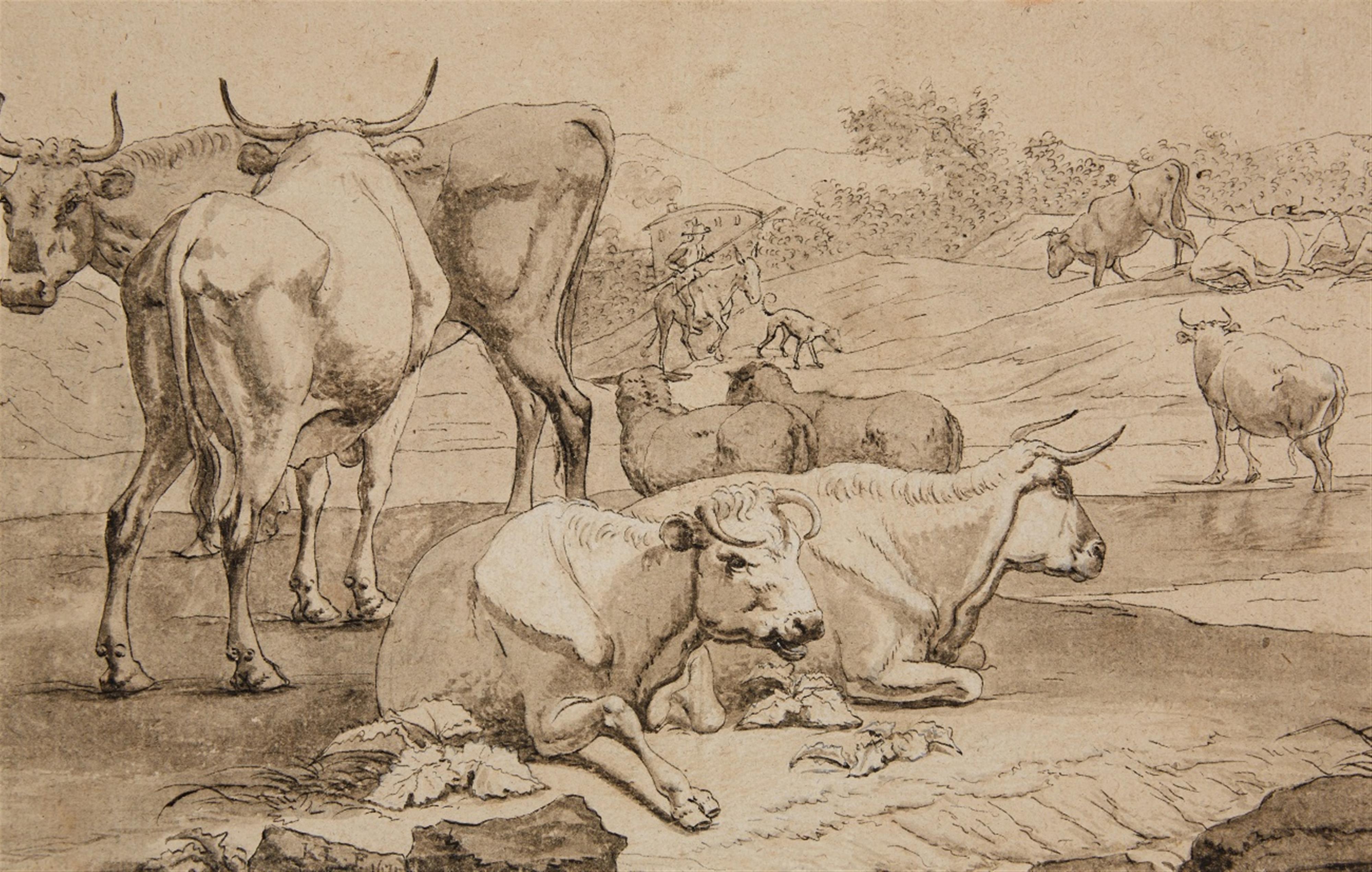 Netherlandish School 17th century - A Herd of Sheep and Cattle in a Southern Landscape - image-1