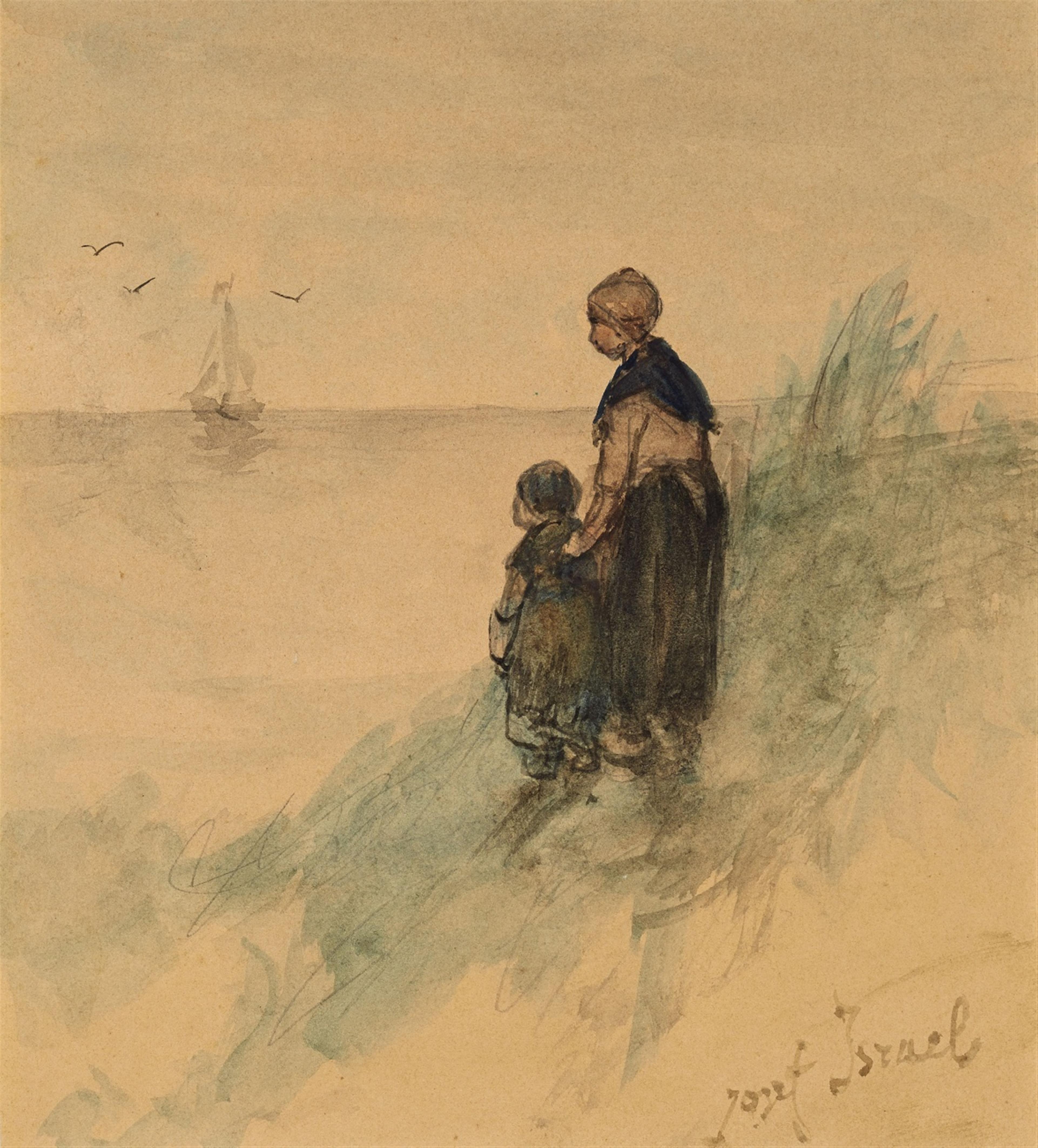 Jozef Israels, attributed to - A Woman and a Child viewing a Parting Ship - image-1