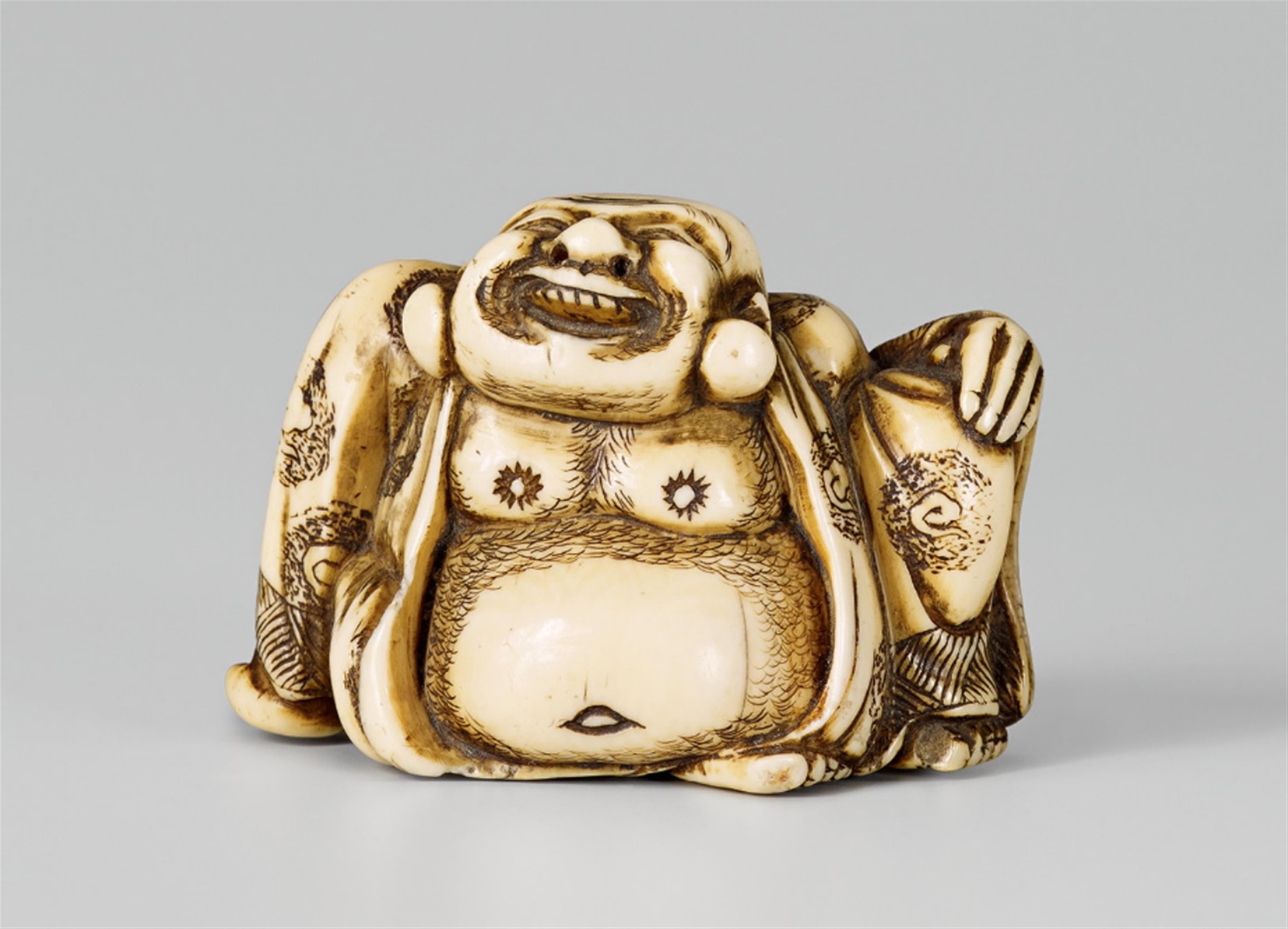 A large Kyoto school ivory netsuke of a laughing Hotei, by Masakazu. Late 18th/early 19th century - image-1