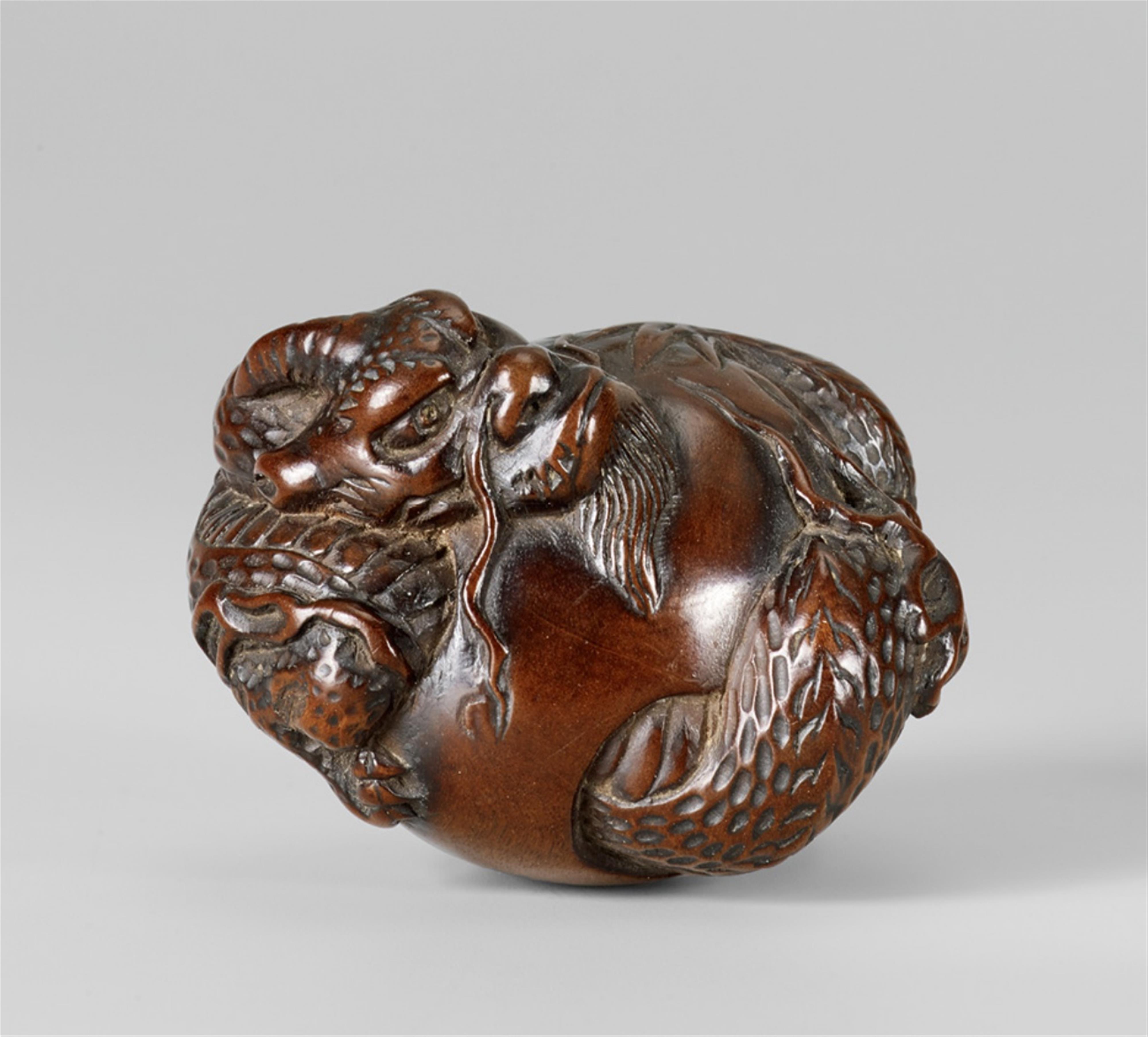 A large wood netsuke of a one-horned dragon in a tama. 19th century - image-1