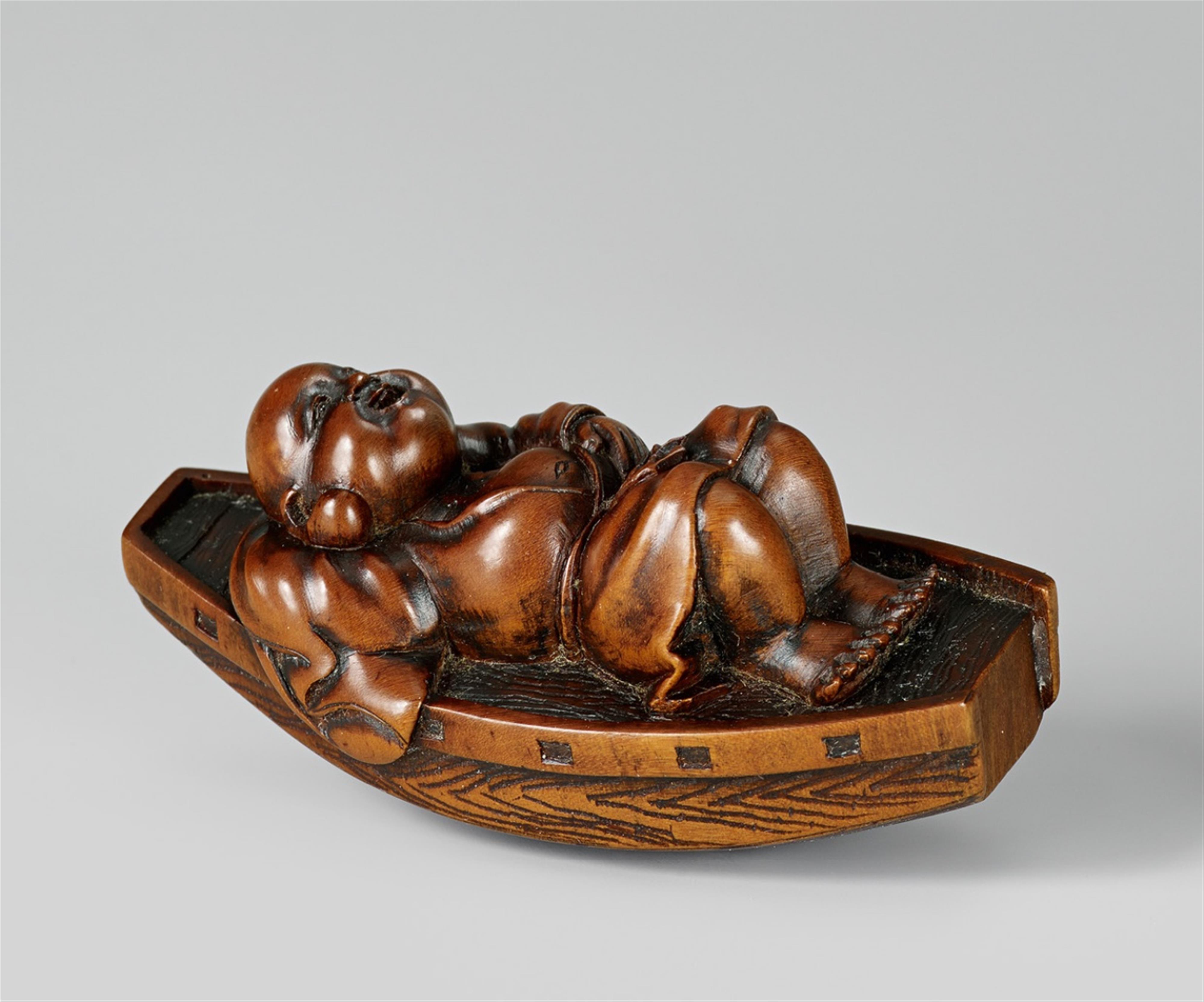 A large wood netsuke of Hotei in a boat, by Masatami. Late 19th century - image-1