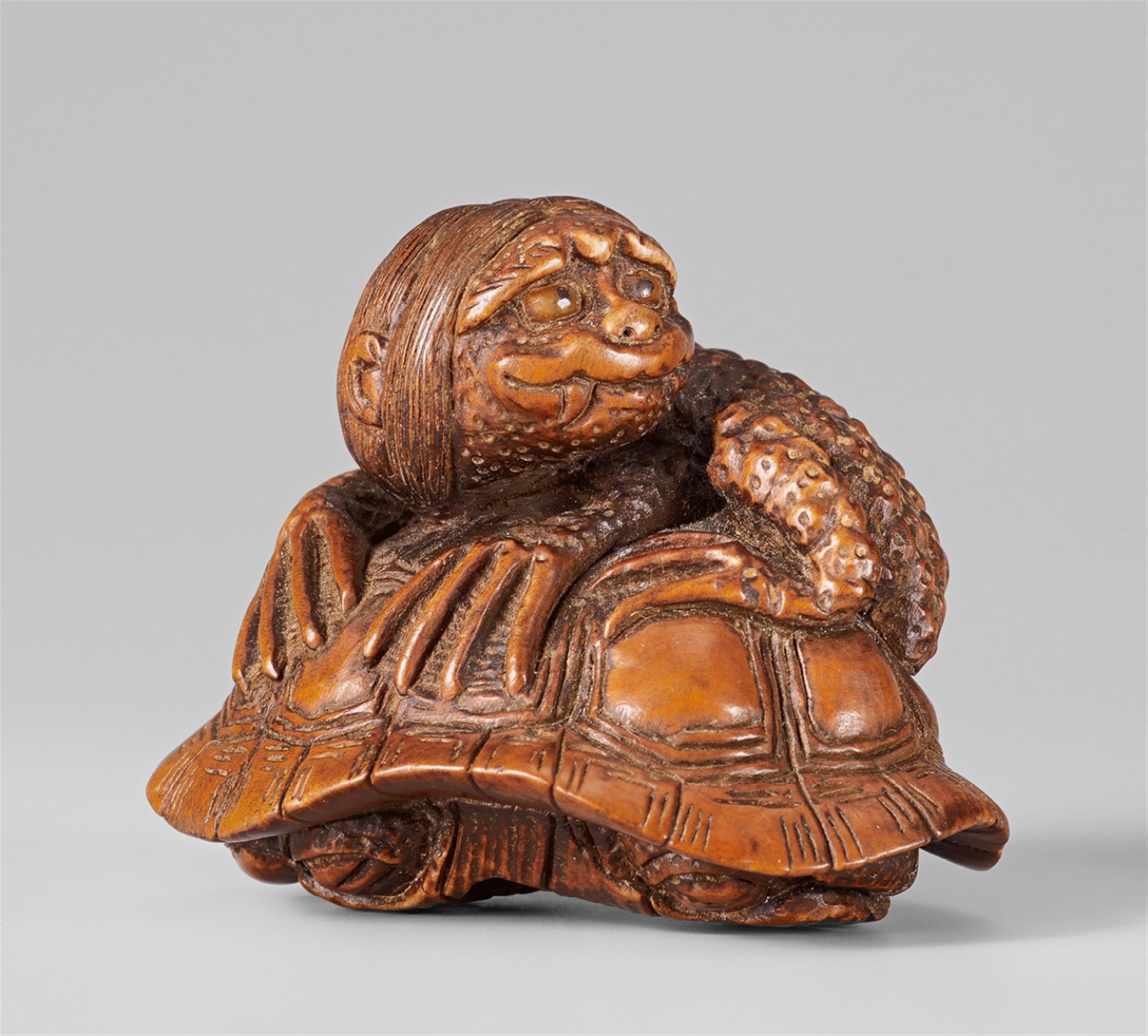 A large and interesting wood netsuke of a kappa on a tortoise, by Masakazu. Late 19th century - image-1