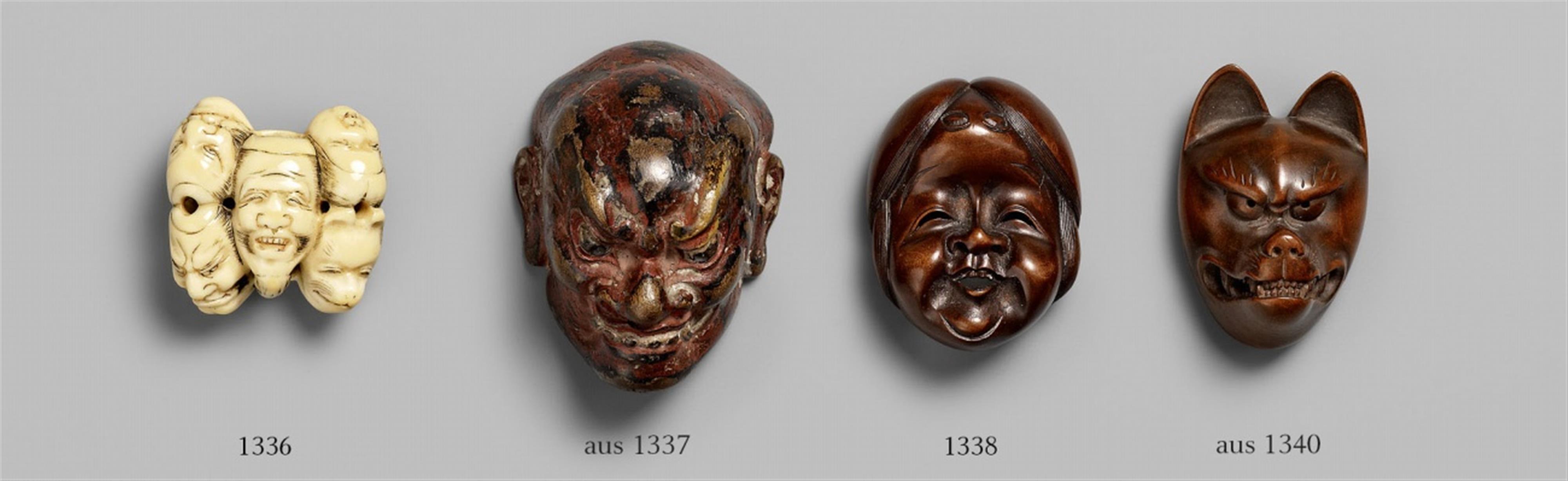 A group of three wood netsuke of masks. 19th century - image-1