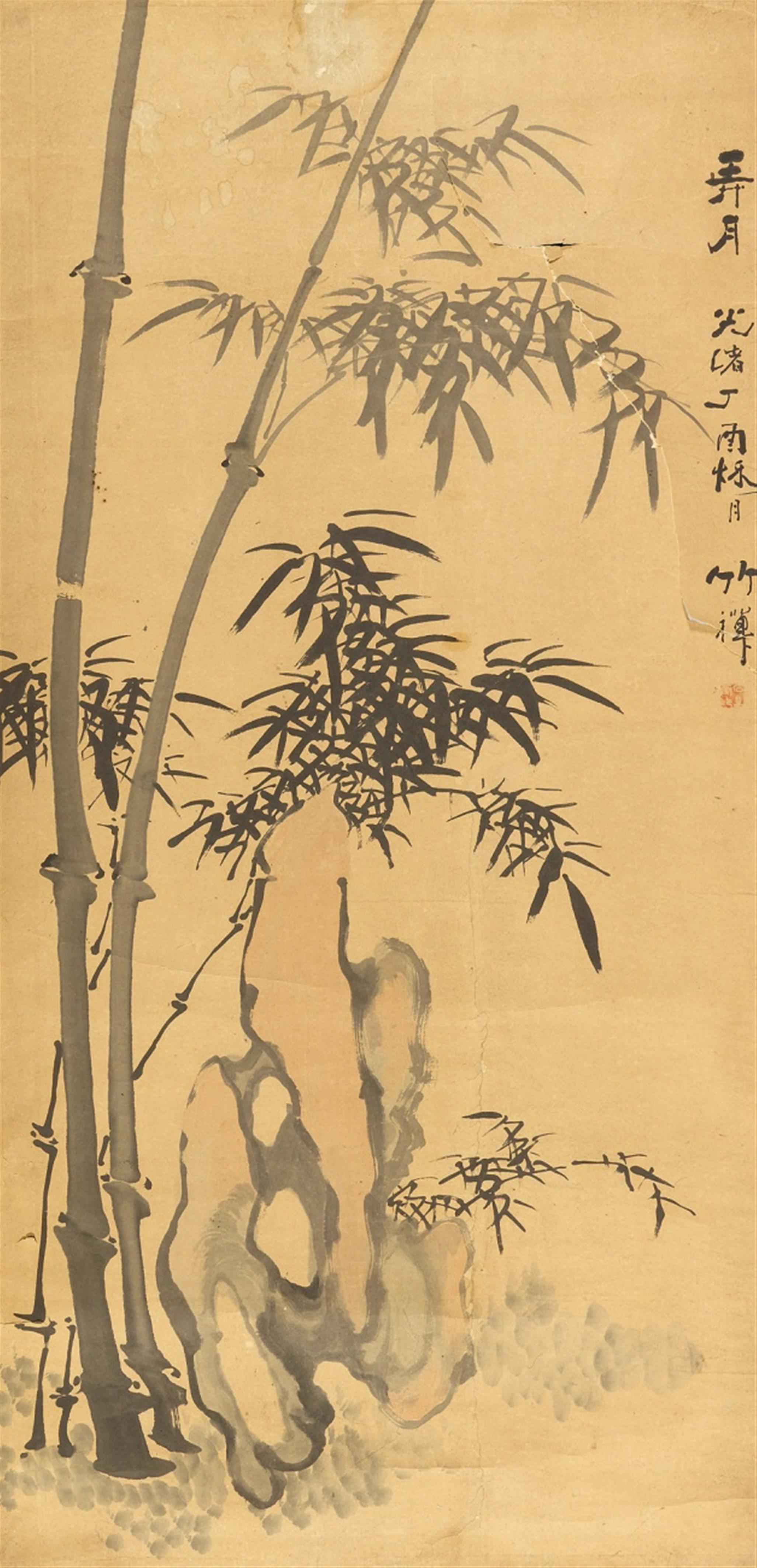 Zhu Chan - Bambus und Felsen. Hängerolle. Tusche und leichte Farbe auf Papier. Aufschrift, zyklisch datiert Guangxu dingyou (1897), sign.: Zhu Chan und ein Siegel. - image-1