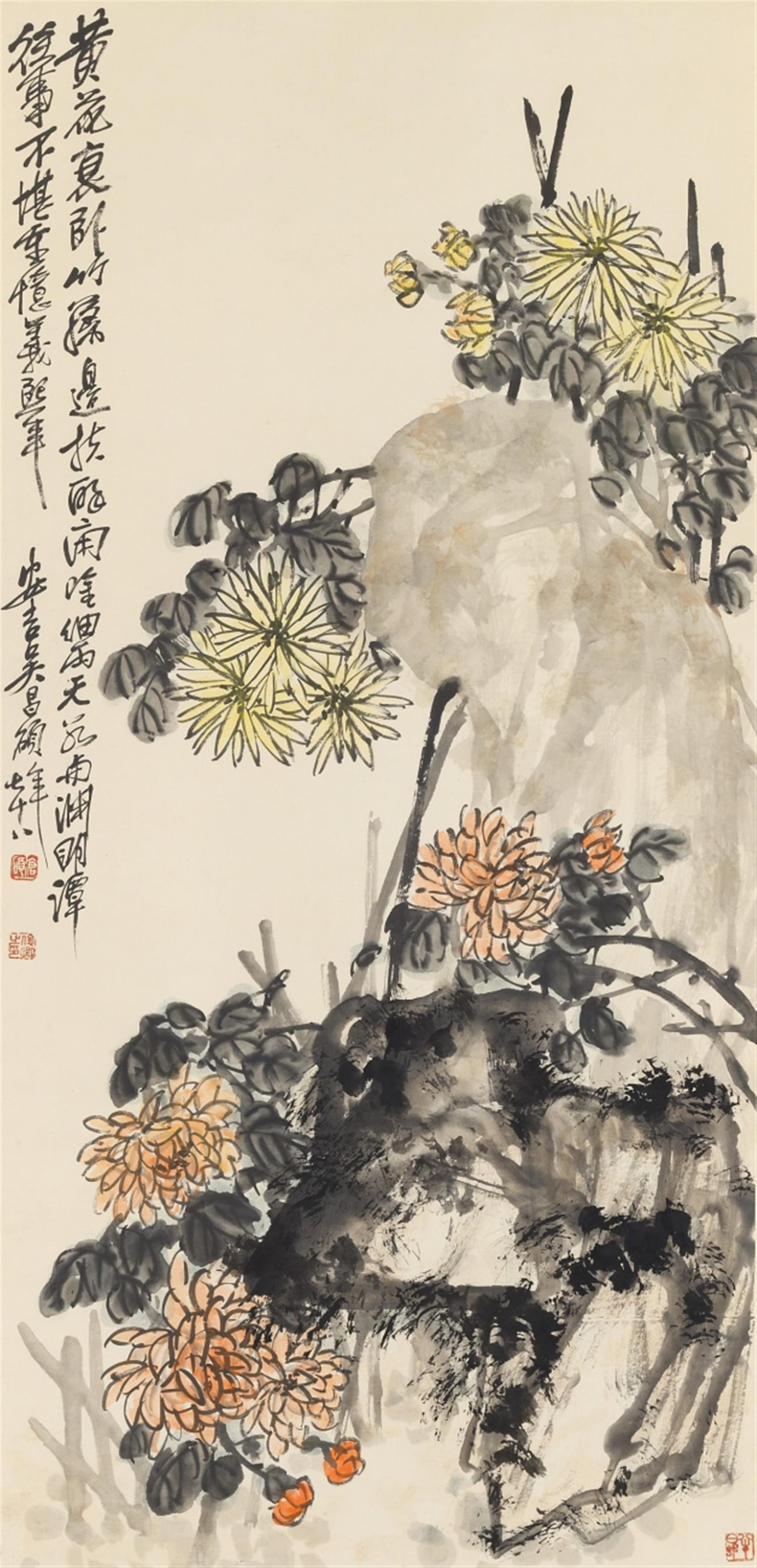 Wu Changshuo - Chrysanthemen an Felsen. Hängerolle. Tusche und Farben auf Papier. Aufschrift, sign.: Wu Changshuo qishiba nian und Siegel: Cang shuo, Junqing zhi yin und Banri cun. - image-1