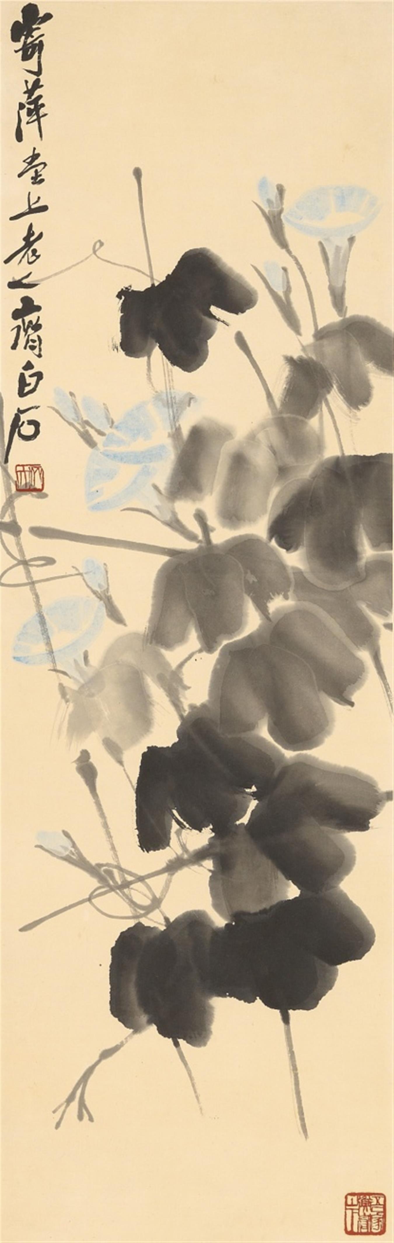 Qi Baishi - Trichterwinden. Hängerolle. Tusche und Farben auf Papier. Aufschrift, sign.: Jiping Tang shang laoren Qi Baishi und Siegel: Qi da und Wu jia Hengyu shan xia. - image-1