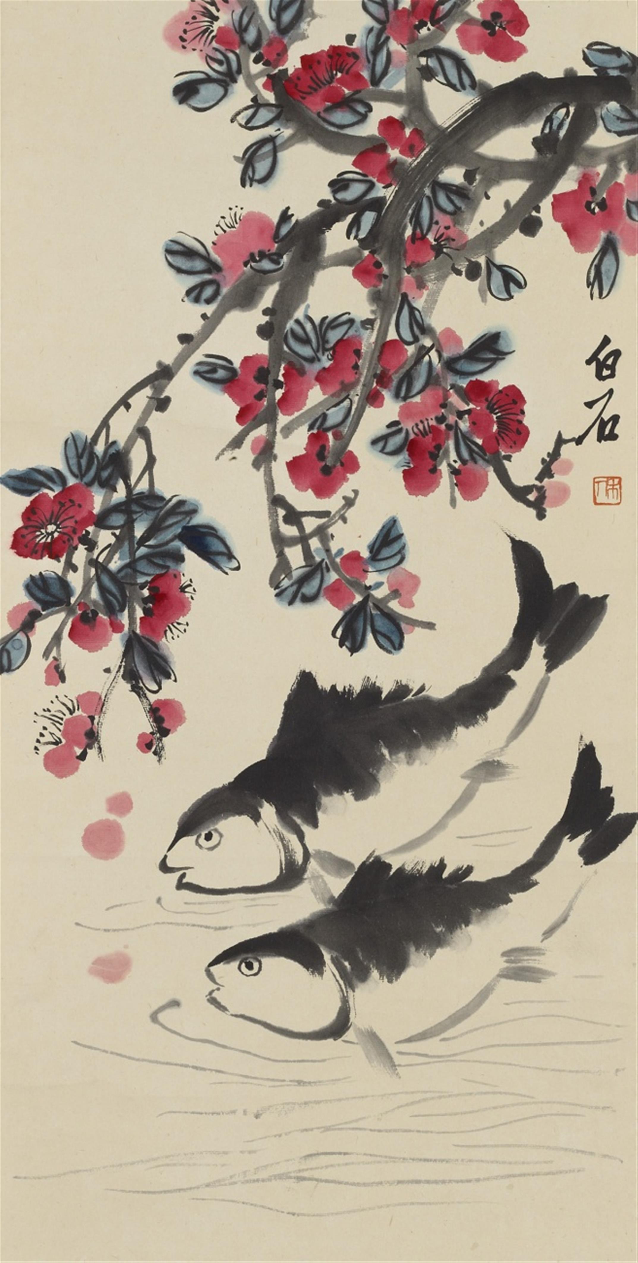 Qi Baishi - Fische unter blühendem Zweig. Hängerolle. Tusche und Farben auf Papier. Sign.: Baishi und Siegel: Da ren. - image-1