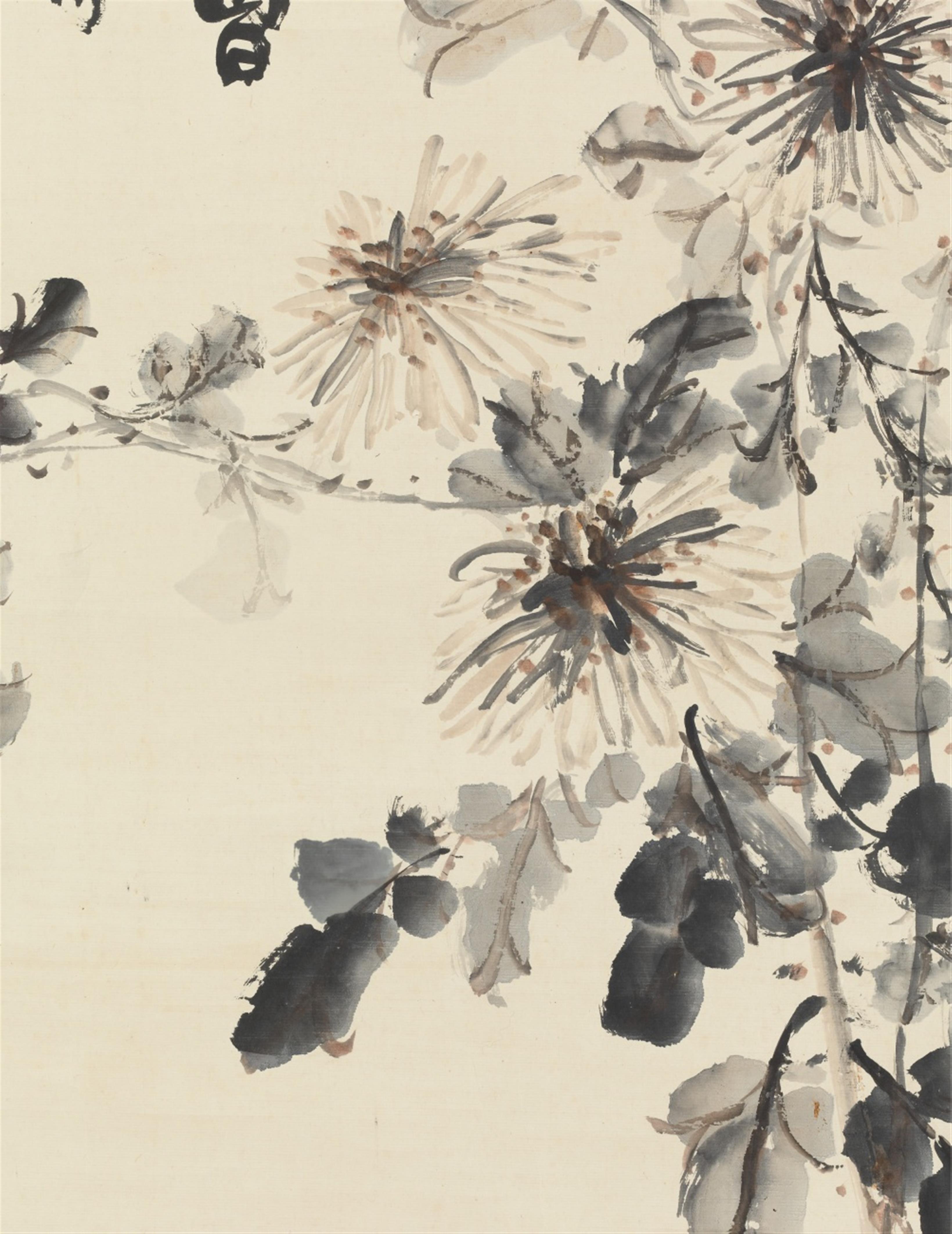 Gao Jianfu Lingnan-Schule - Chrysanthemen. Hängerolle. Tusche und Farben auf Papier. Aufschrift, sign.: Jianfu, Siegel: Jianfu und ein Bildsiegel (Hund). - image-2