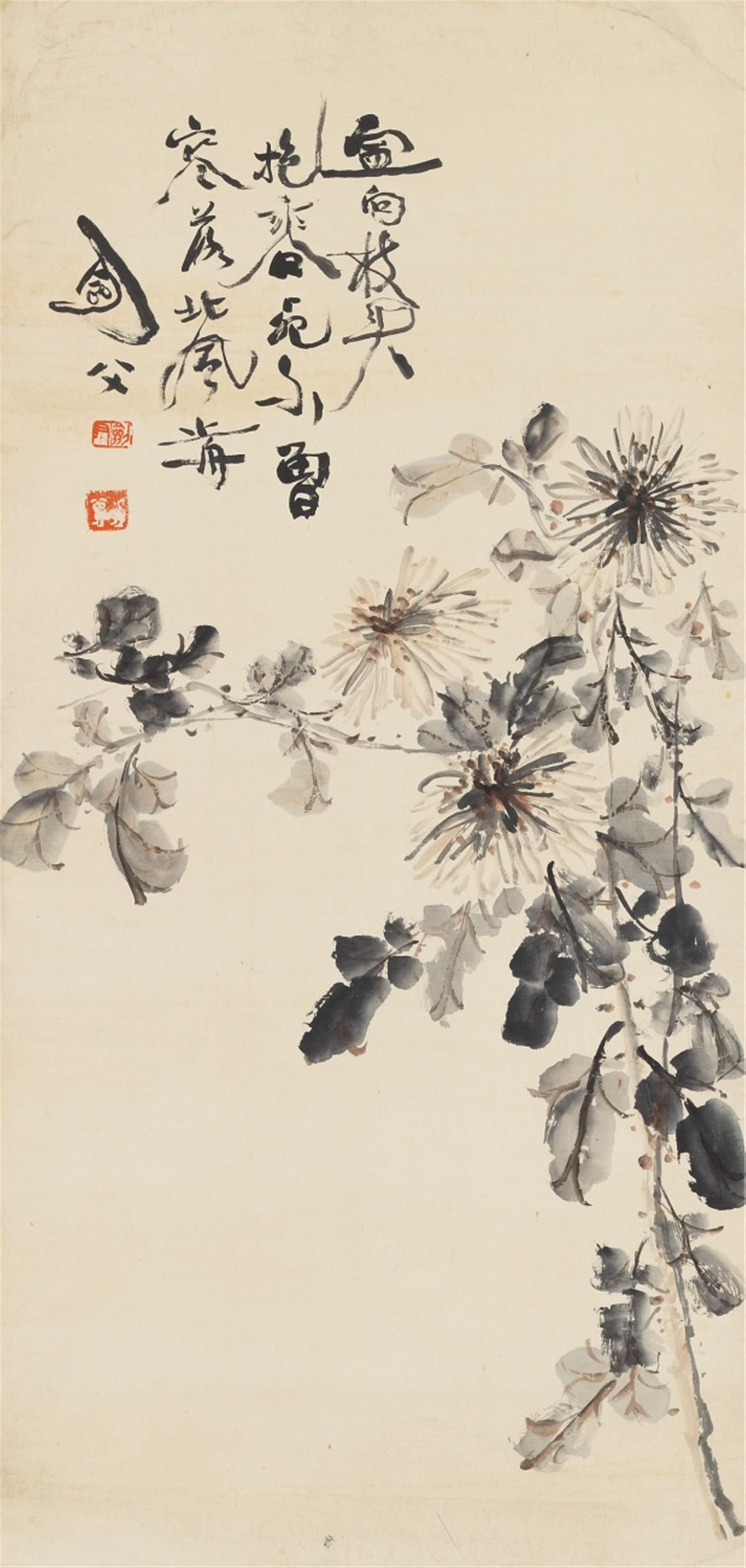 Gao Jianfu Lingnan-Schule - Chrysanthemen. Hängerolle. Tusche und Farben auf Papier. Aufschrift, sign.: Jianfu, Siegel: Jianfu und ein Bildsiegel (Hund). - image-1
