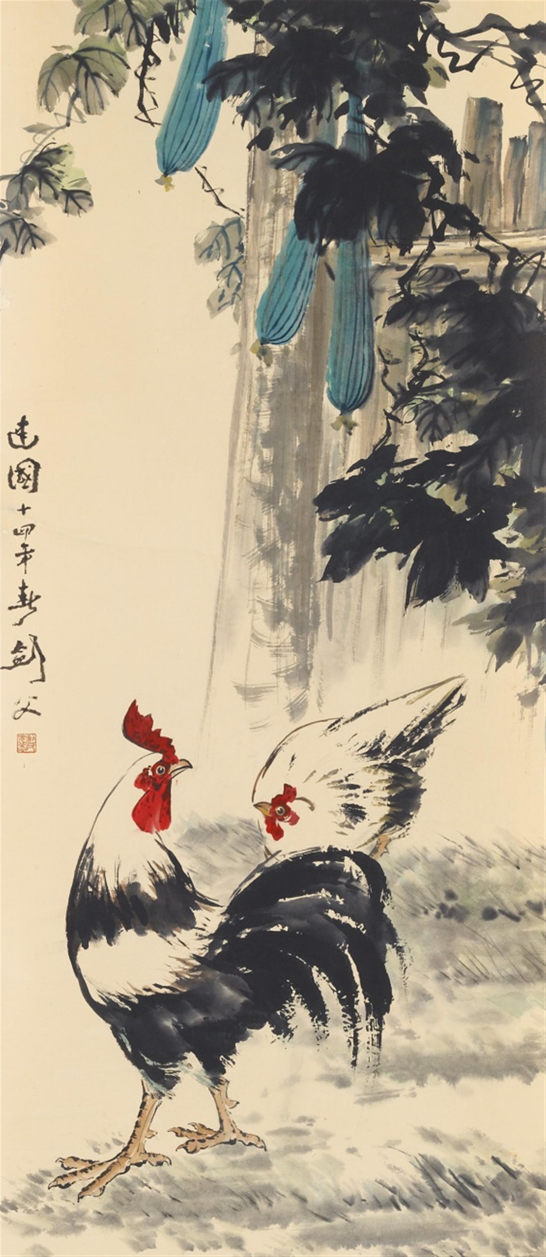 Gao Jianfu - Hahn und Henne unter Schlangenkürbis. Hängerolle. Tusche und Farben auf Papier. Aufschrift, datiert: Minguo 14. Jahr (1925), sign.: Jianfu und Siegel: Jianfu wu yang. - image-1