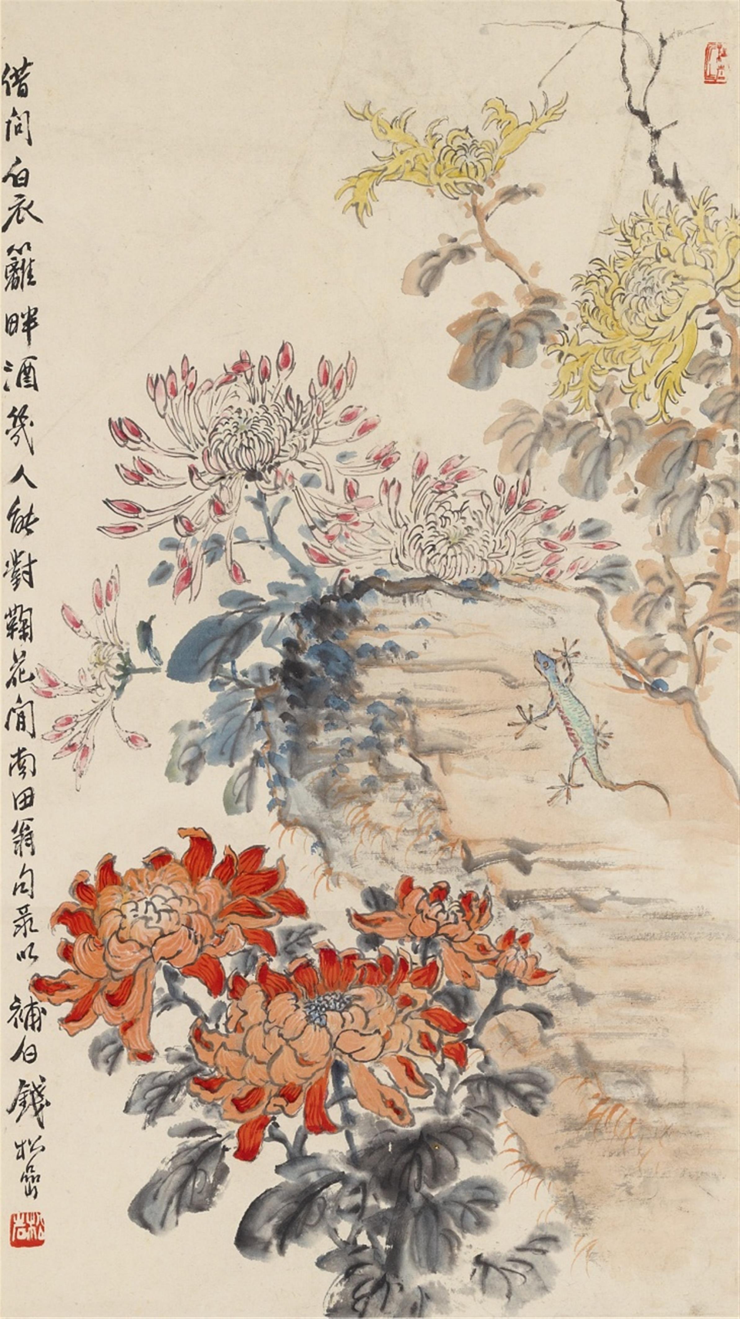 Qian Songyan - Chrysanthemen und Eidechse. Hängerolle. Tusche und Farben auf Papier. Aufschrift, sign.: Qian Songyan und Siegel: Songyan und Songyan. - image-1