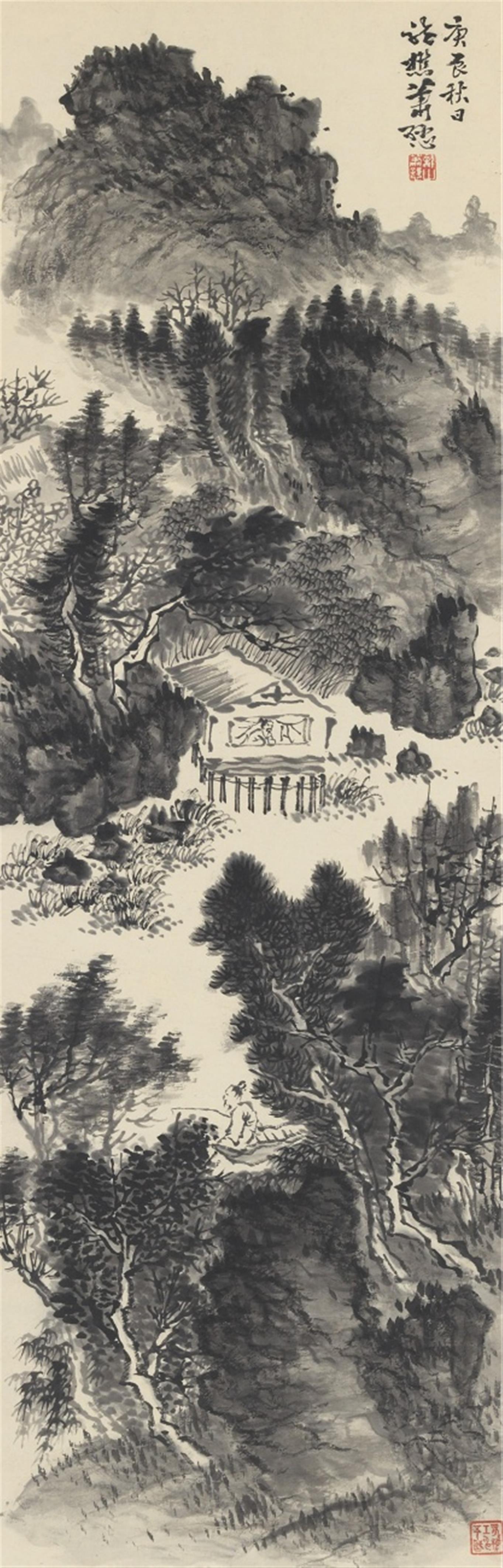 Xiao Sun - Landschaft mit Hütte und Angler. Hängerolle. Tusche auf Papier. Aufschrift, zyklisch datiert gengchen (1940), sign.: Xiao Sun und Siegel: Longshan Xiao Sun und ein weiteres. - image-1
