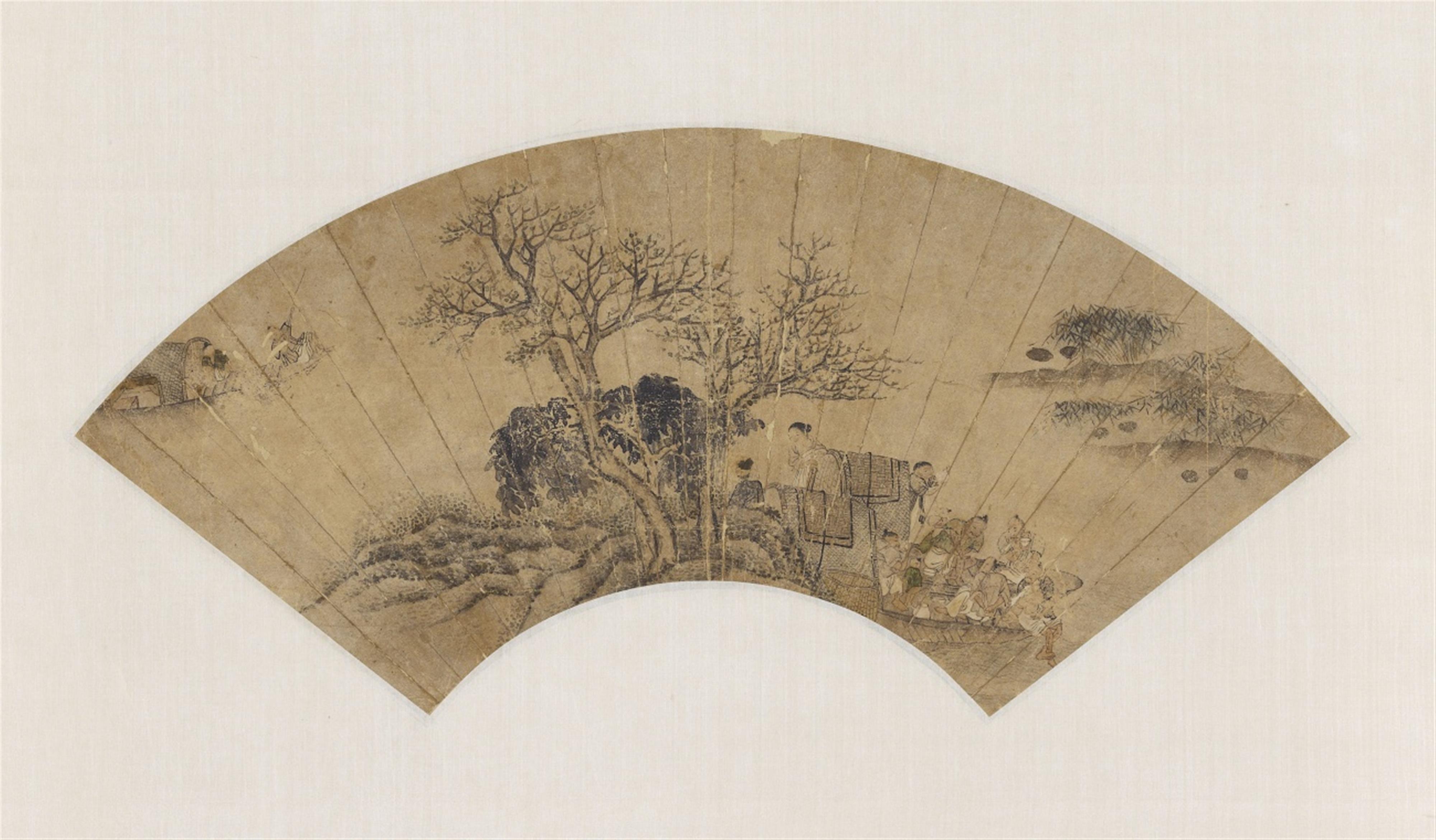 and Anonymous . Yuan dynasty or later - Boats by a river bank. Fan painting mounted as a hanging scoll. Ink and a few colours on a silvery paper. Yuan dynasty or later. - image-2