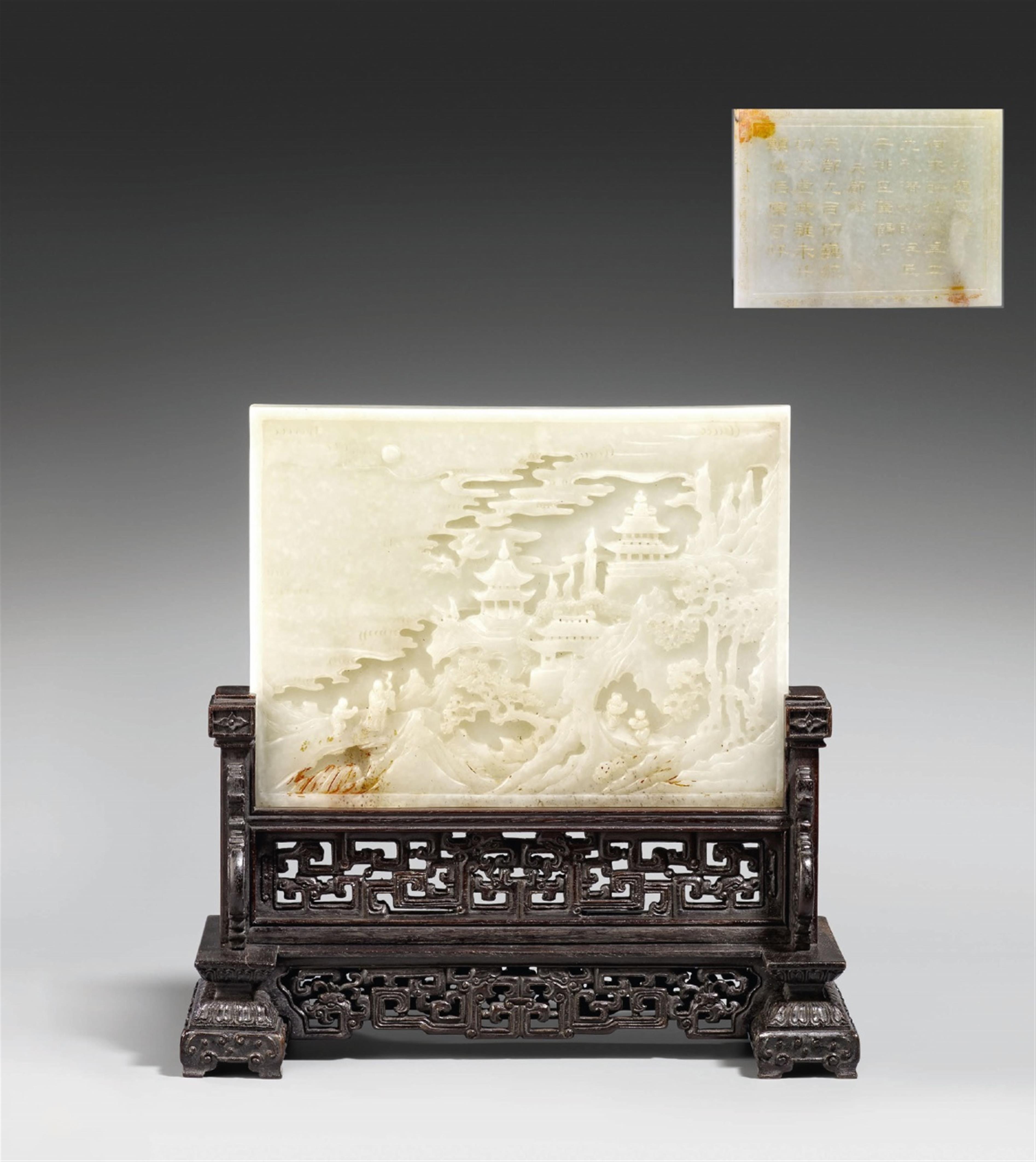 A white-green jade table screen and stand - image-1
