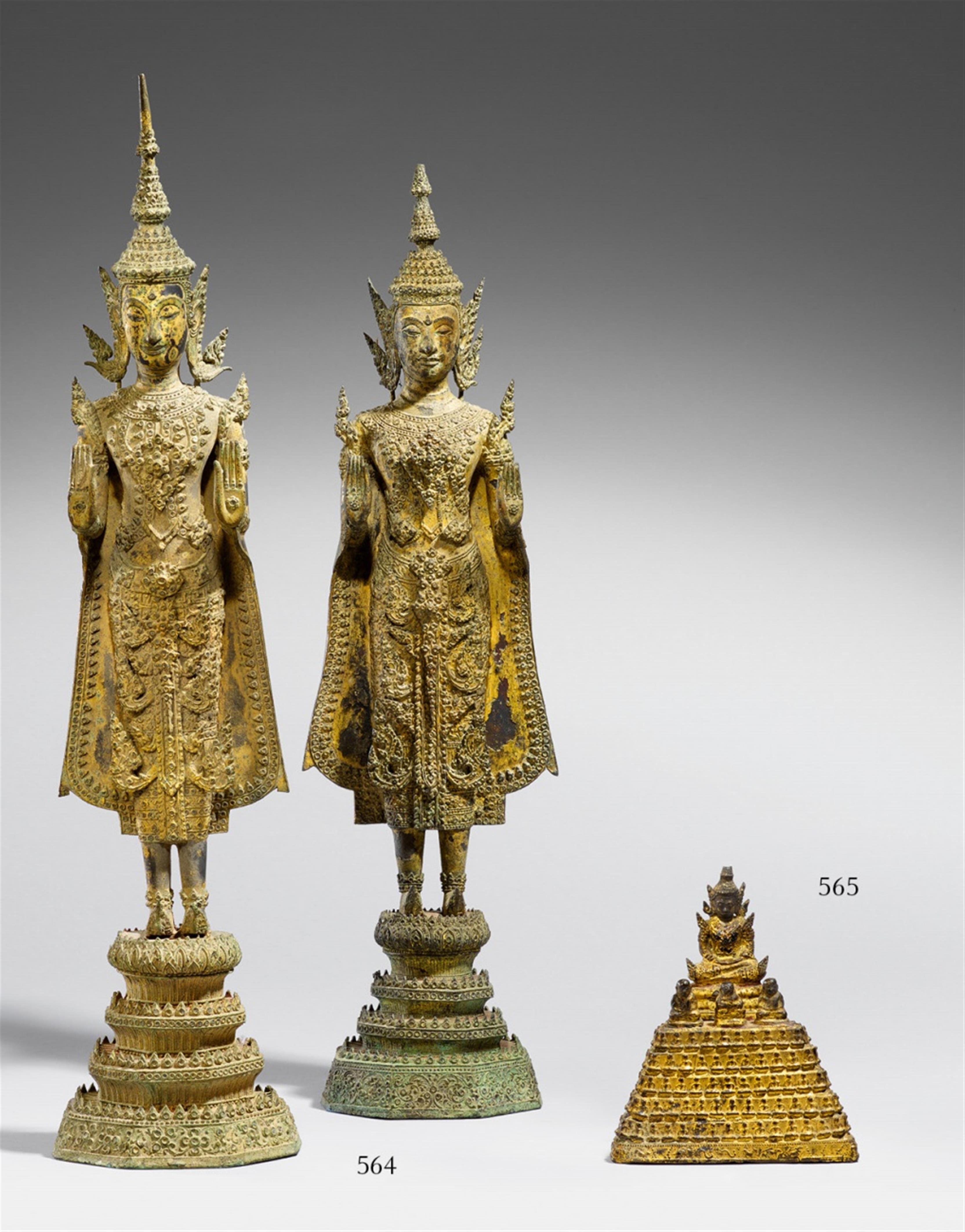 Two Ratanakosin lacquered and gilded bronze figures of a jewelled Buddha. 19th century - image-1