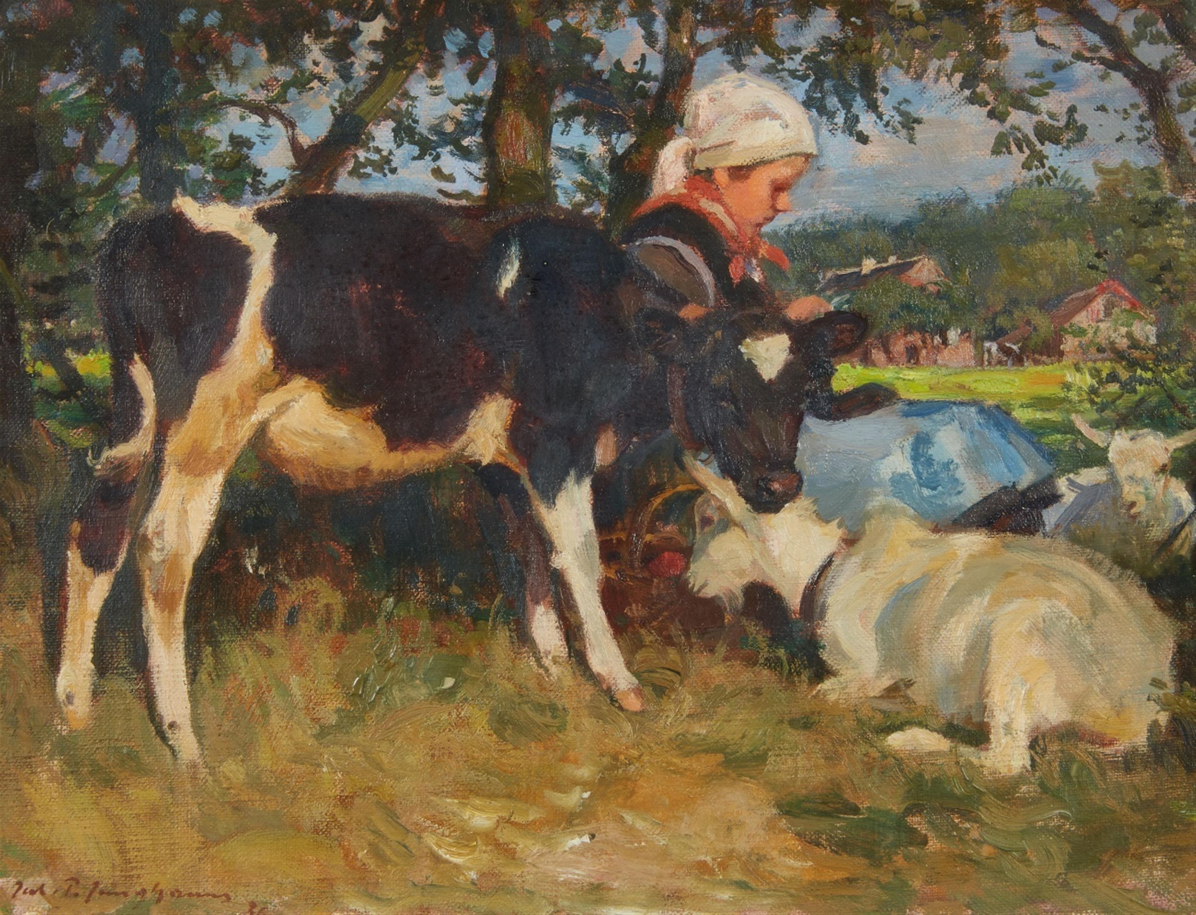 Julius Paul Junghanns - Young Girl Under a Tree With a Calf and Goats - image-1