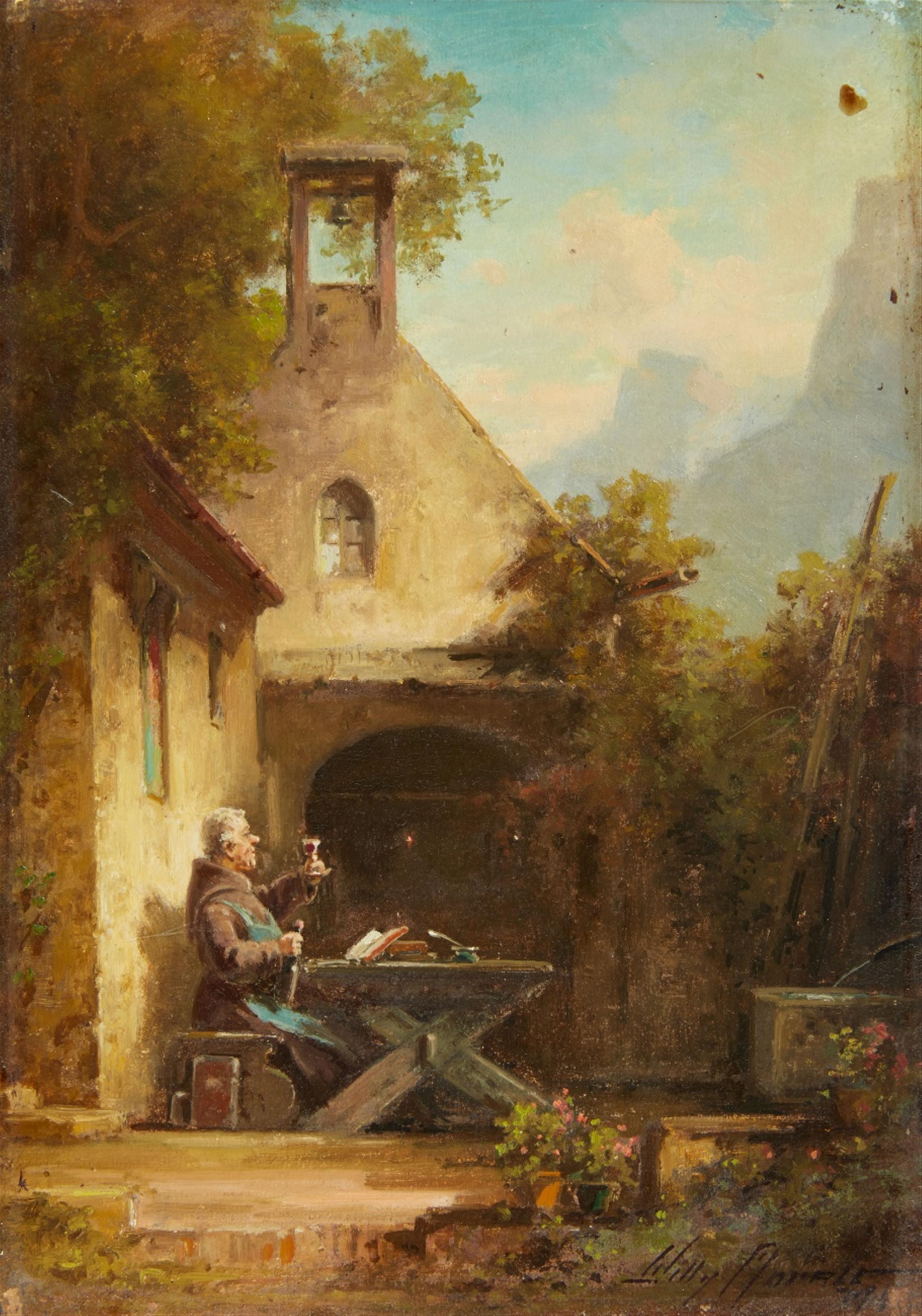 Wohl Willy Moralt - Mönch mit einem Glas Wein vor einer Kapelle - image-1