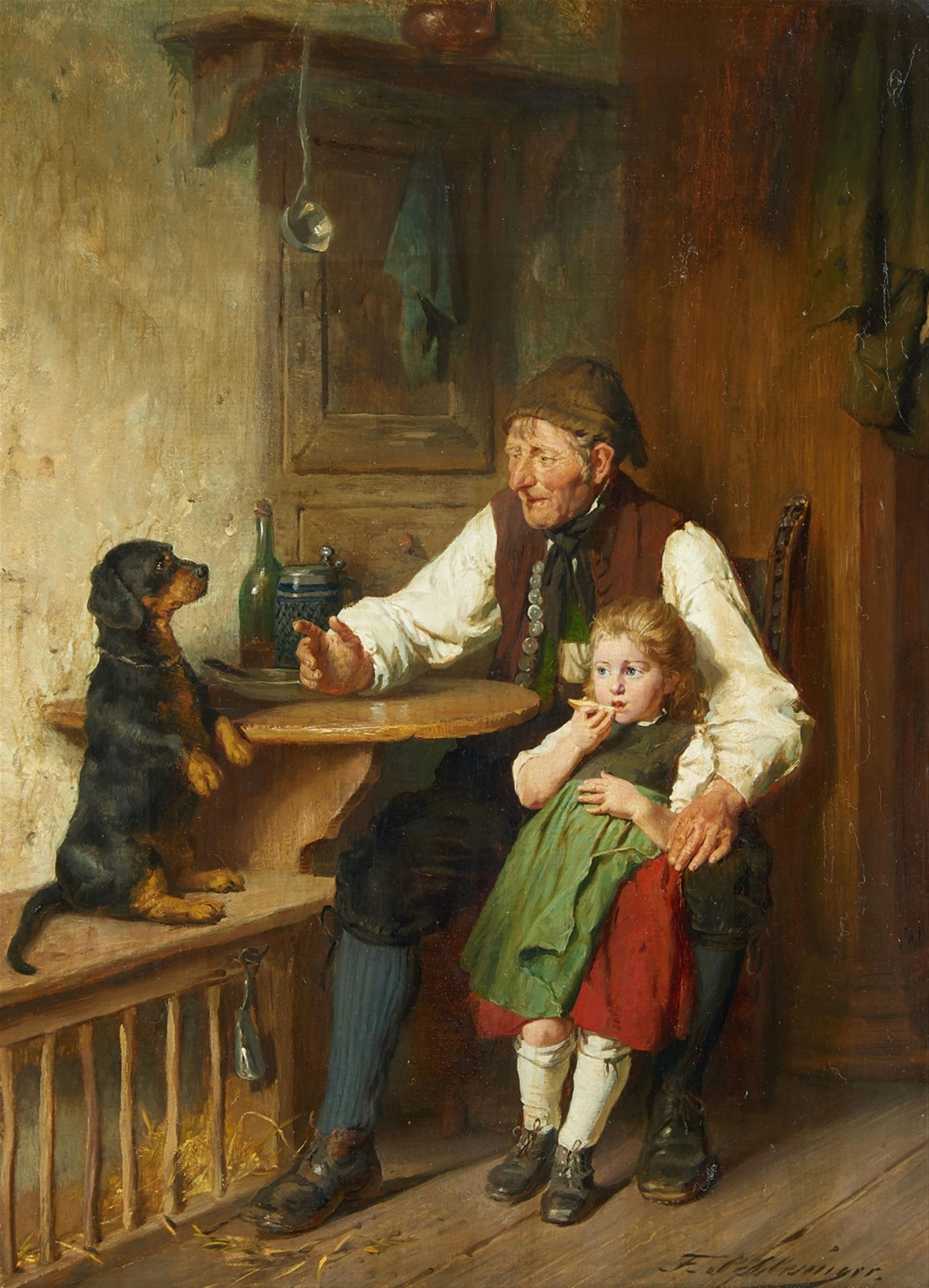 Felix Schlesinger - Rustic Interior with Grandfather, Granddaughter and Dog - image-1