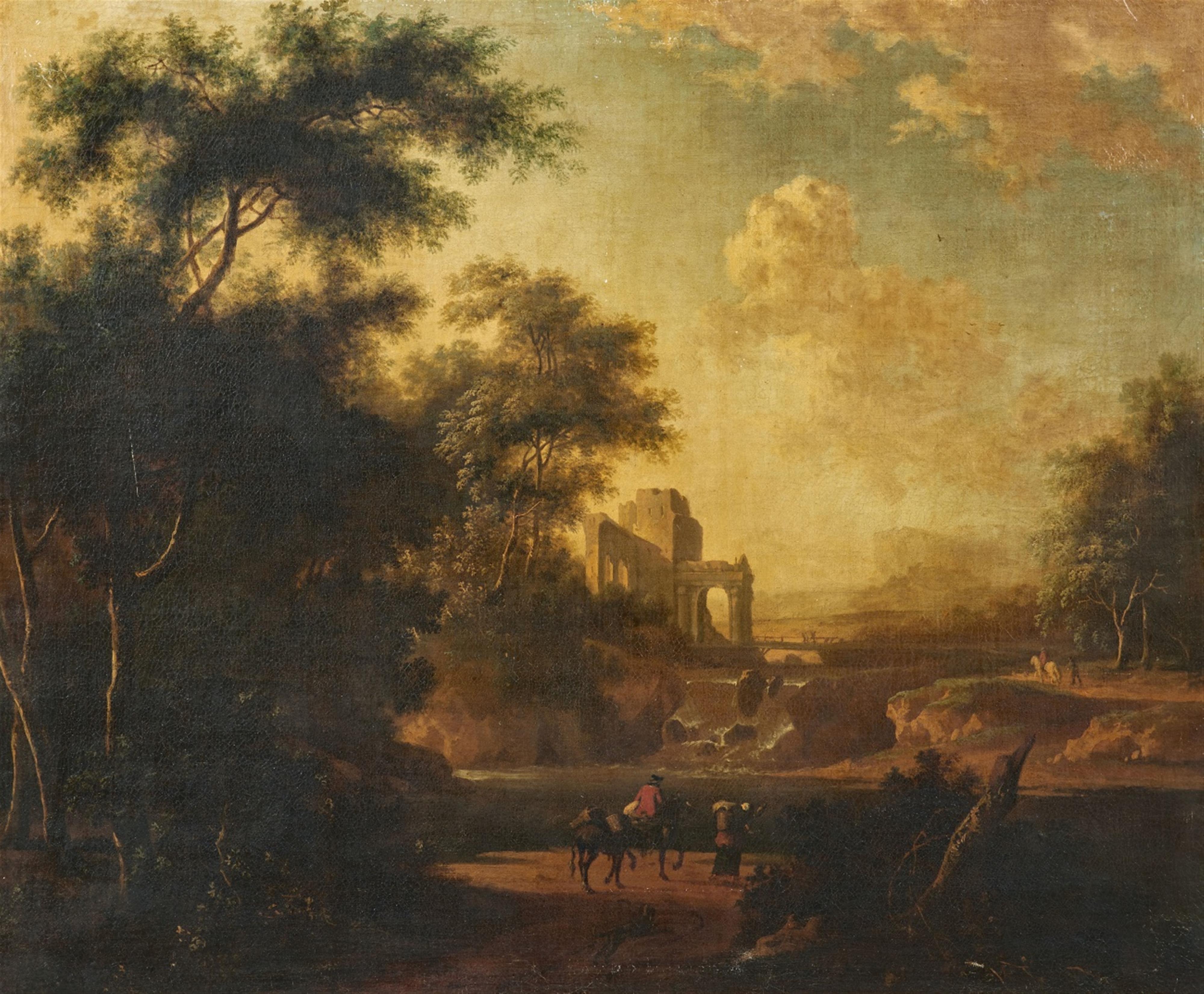 Isaac de Moucheron, follower of - Southern Landscape with Ancient Ruins and Travellers - image-1