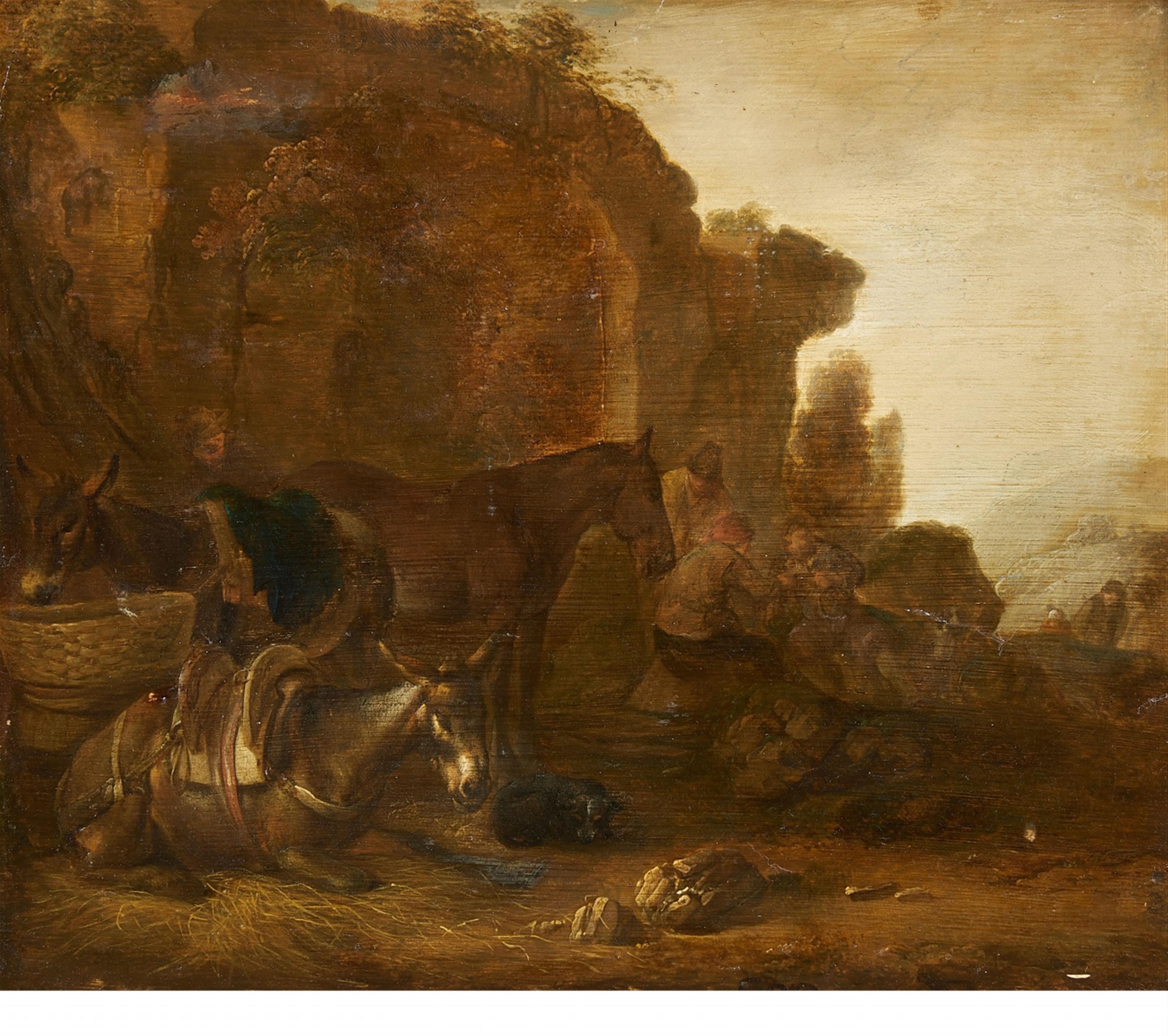 Netherlandish School 17th century - Landscape with Donkeys, a Horse and Travellers before Ancient Ruins - image-1