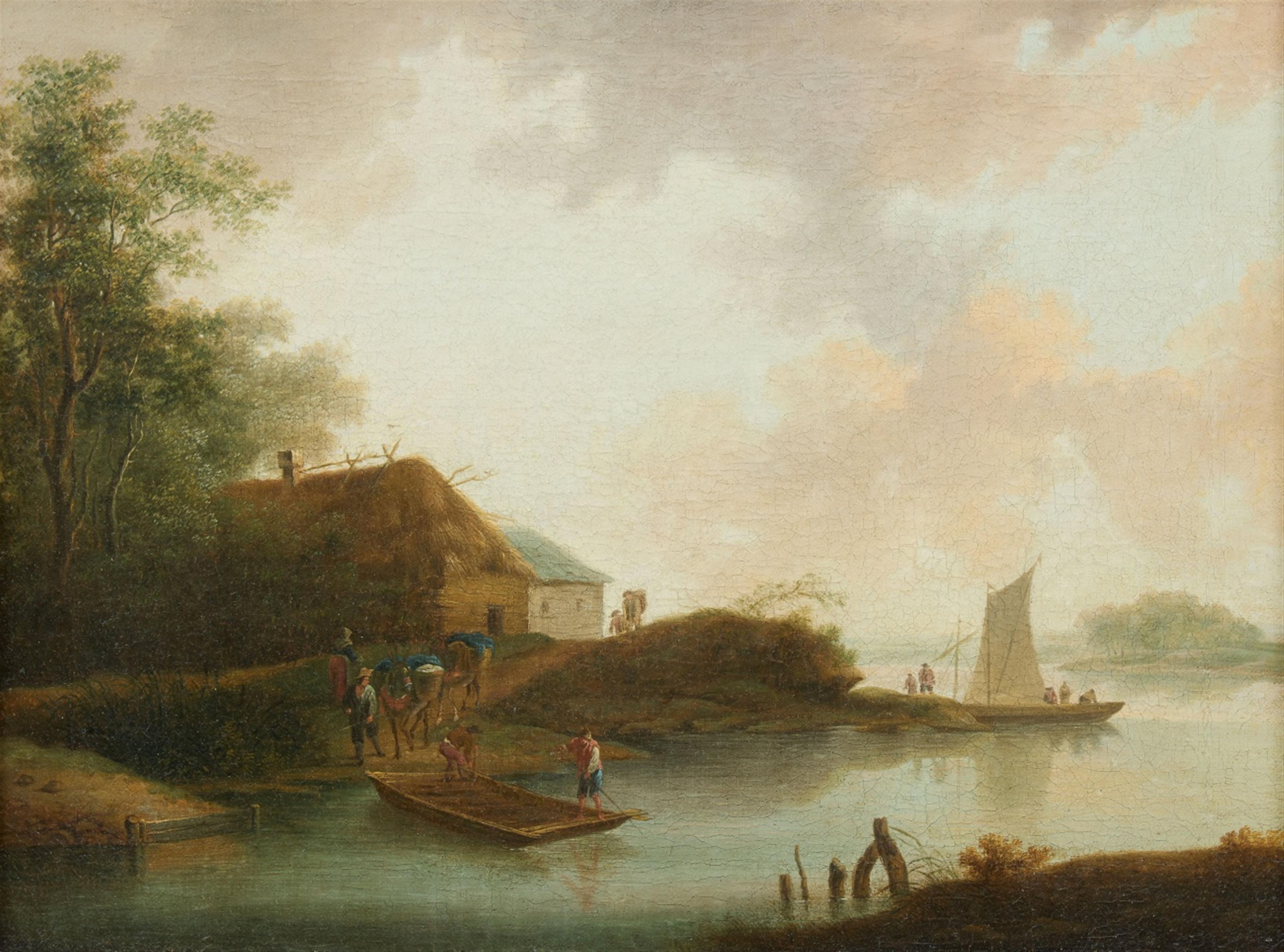Netherlandish School 18th century - River Landscape with Merchants - image-1