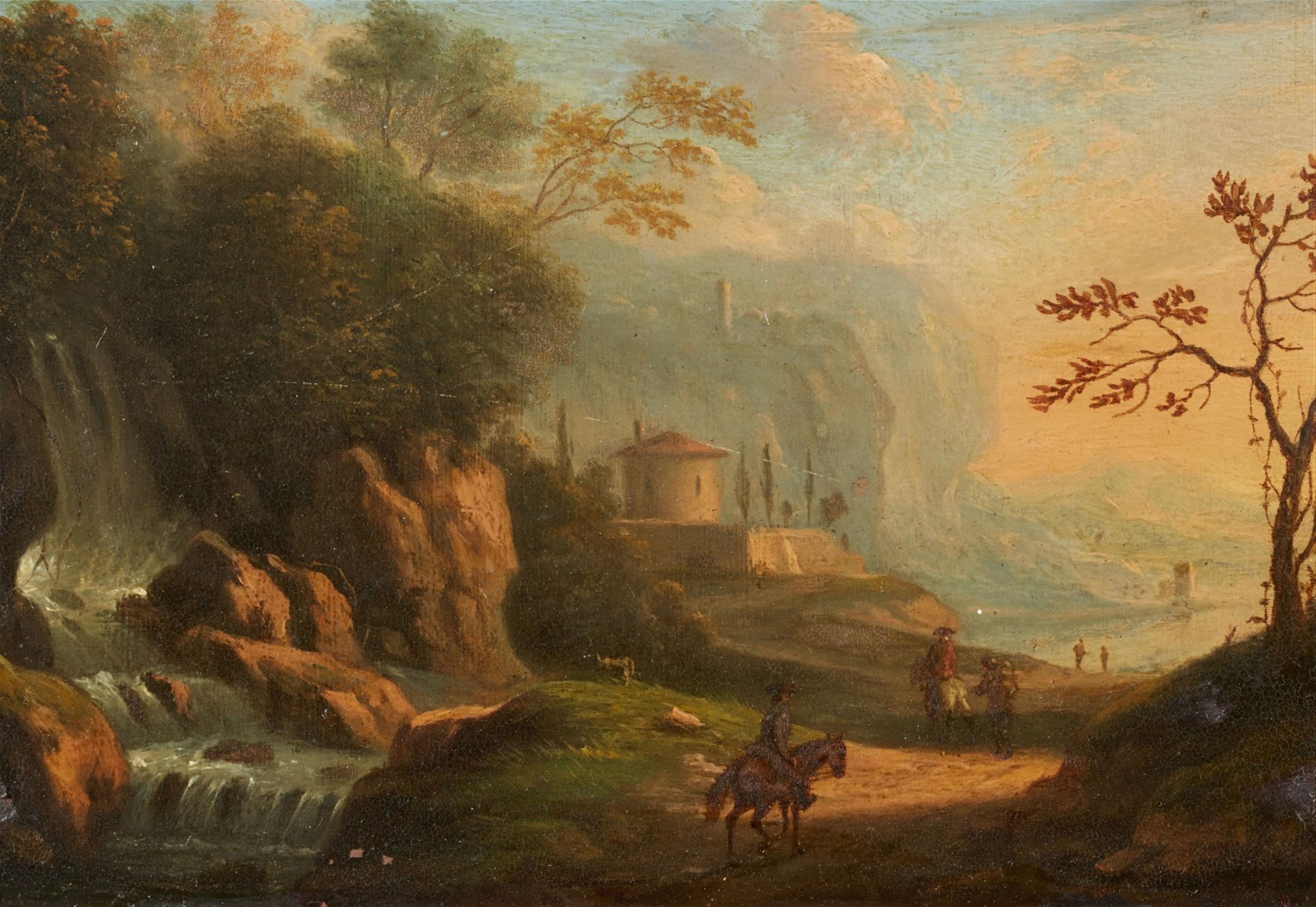 German School 18th century - Italian Landscape with a Waterfall and Travellers - image-1