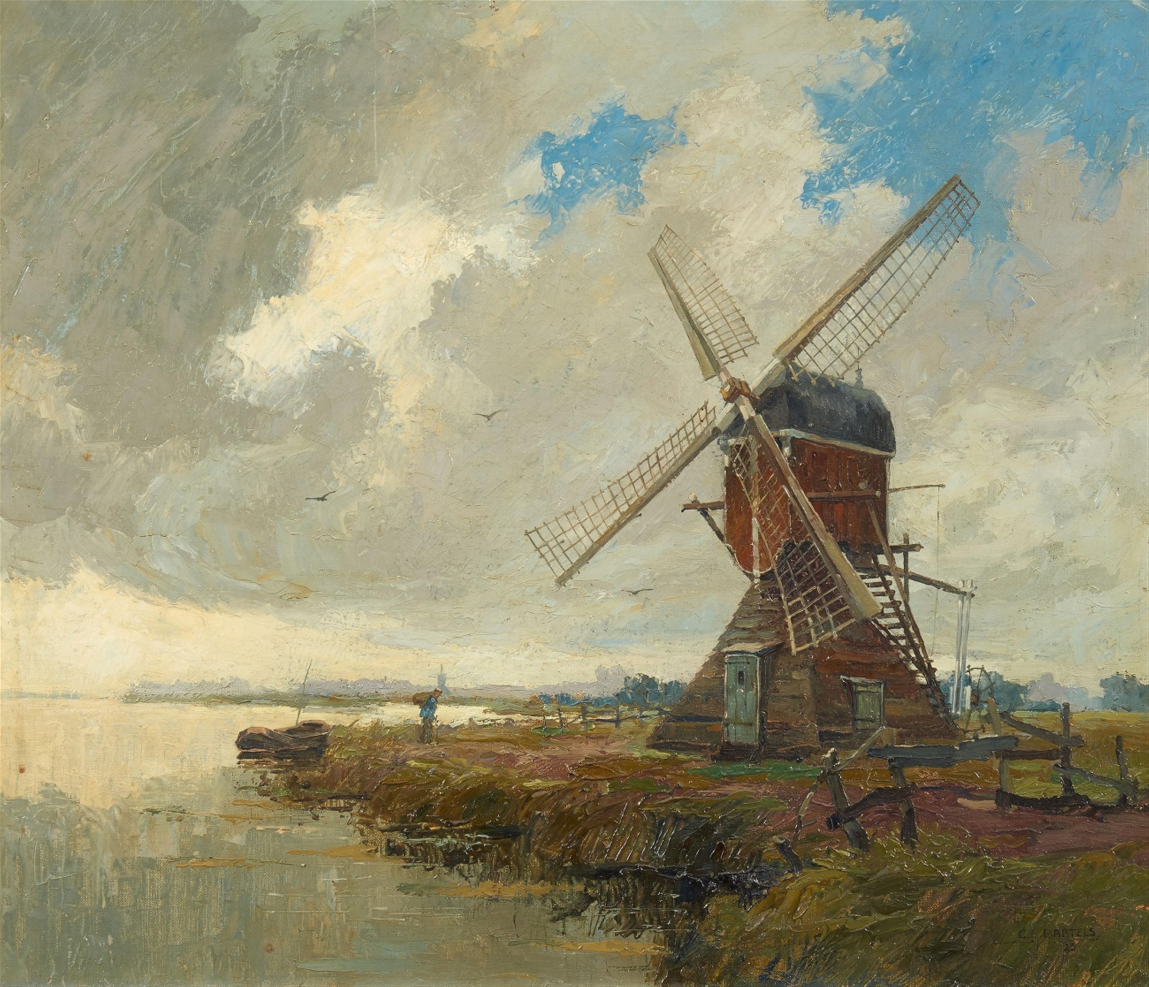 Cornelius Anton Bartels - Dutch Landscape with a Windmill by a Lake - image-1