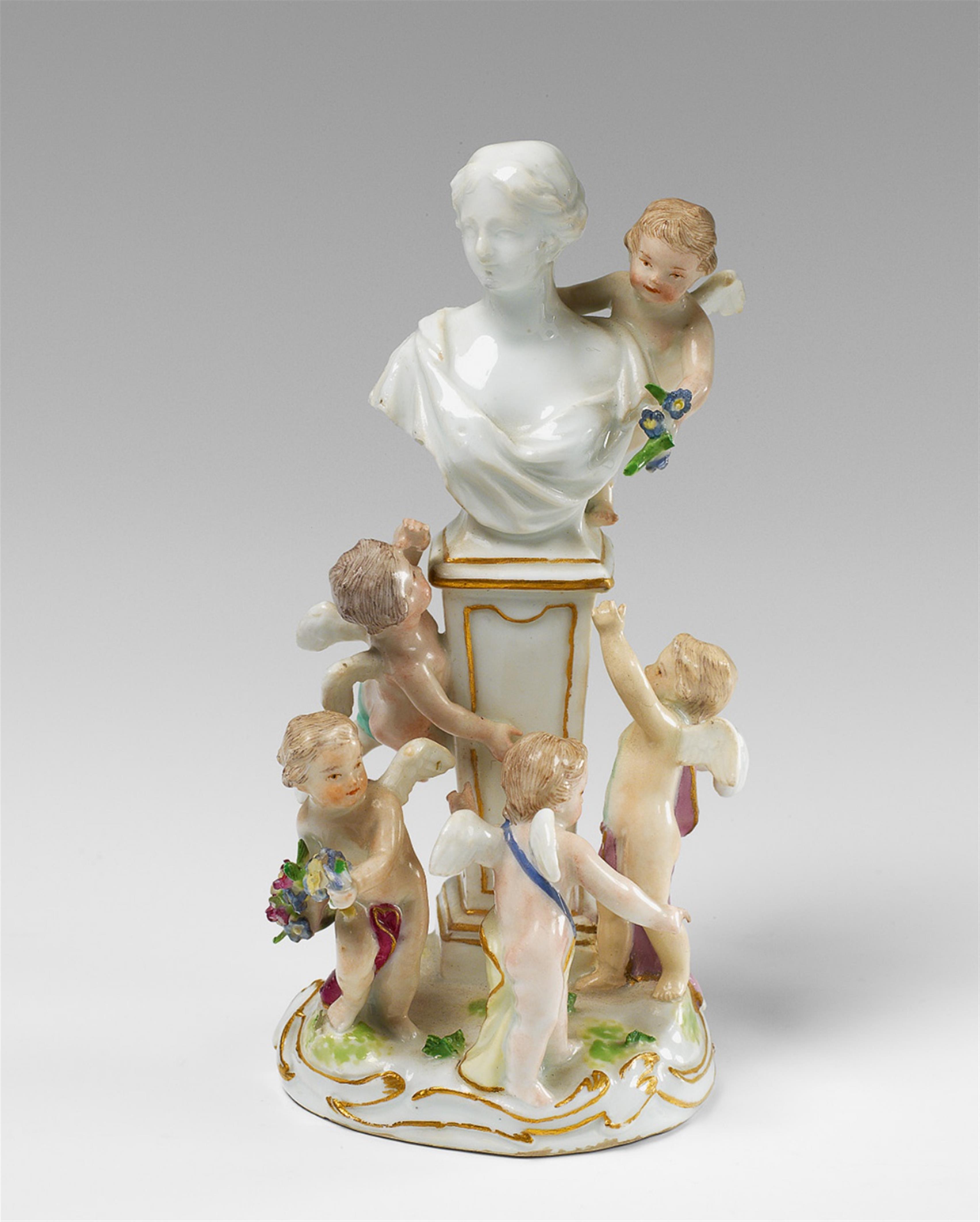 A rare Meissen porcelain model of five putti grouped around a memorial. - image-1