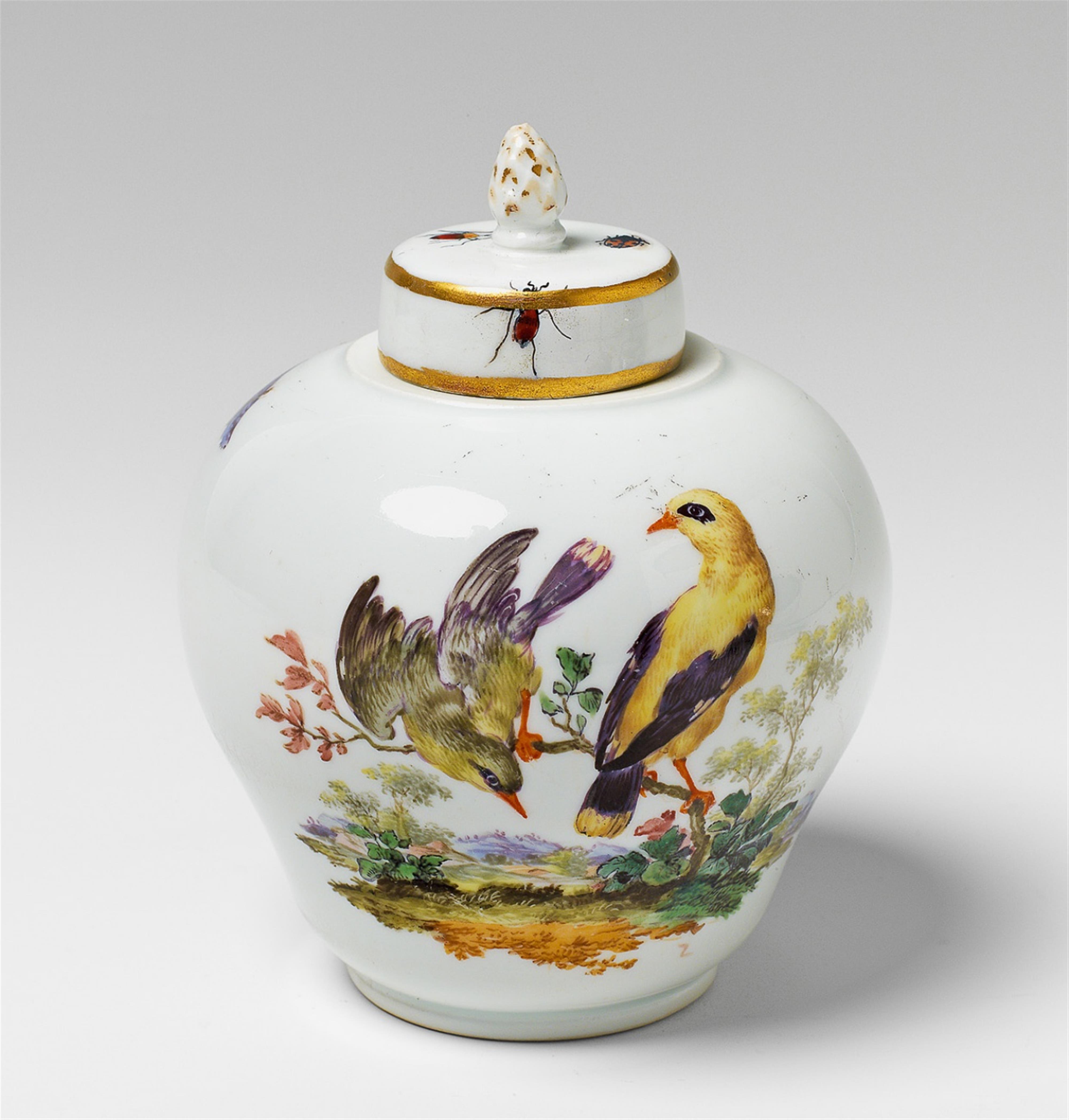 A Meissen porcelain tea caddy decorated with birds and insects. - image-1