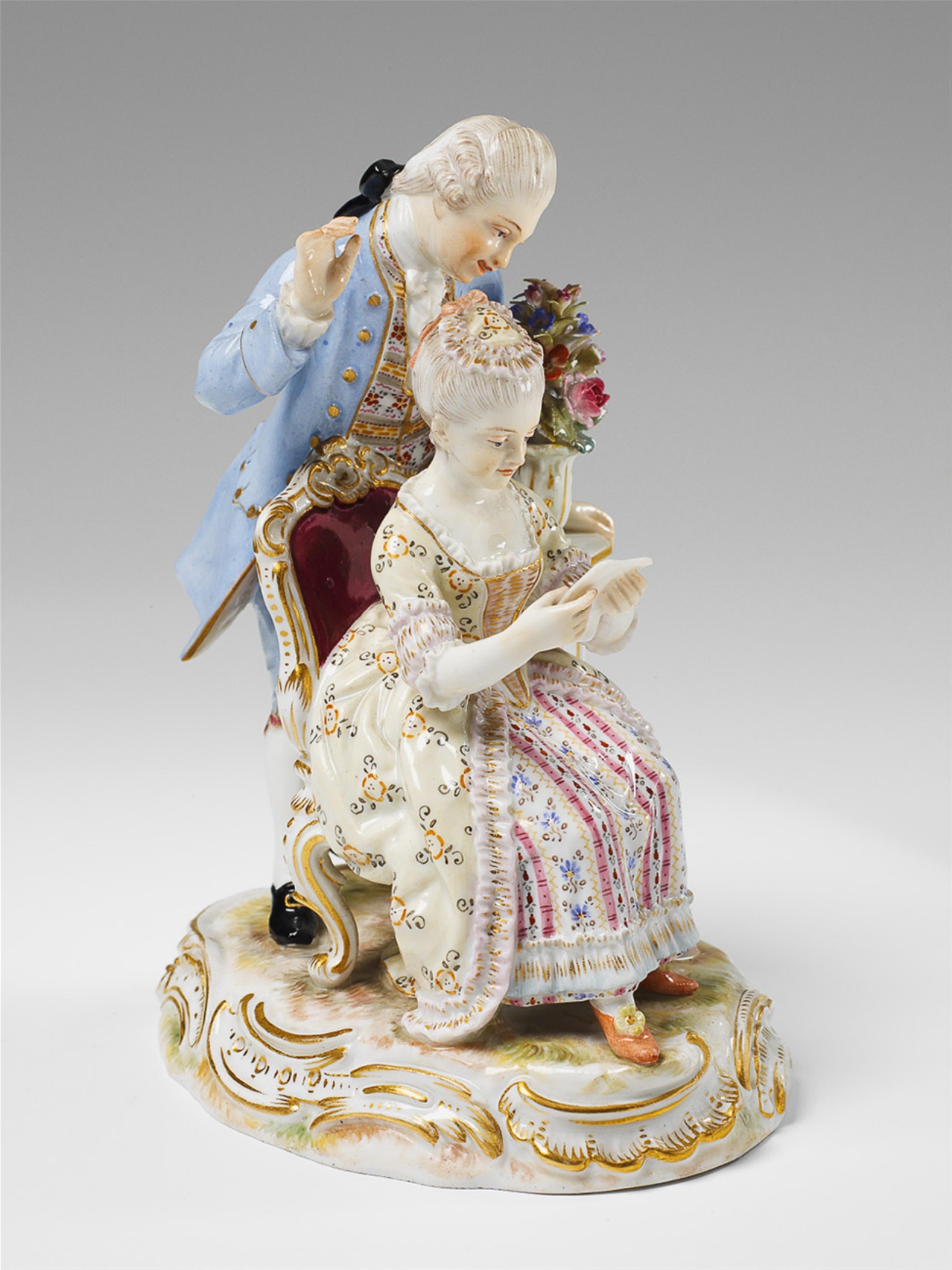 A Meissen porcelain group with an inquisitive gentleman. - image-1