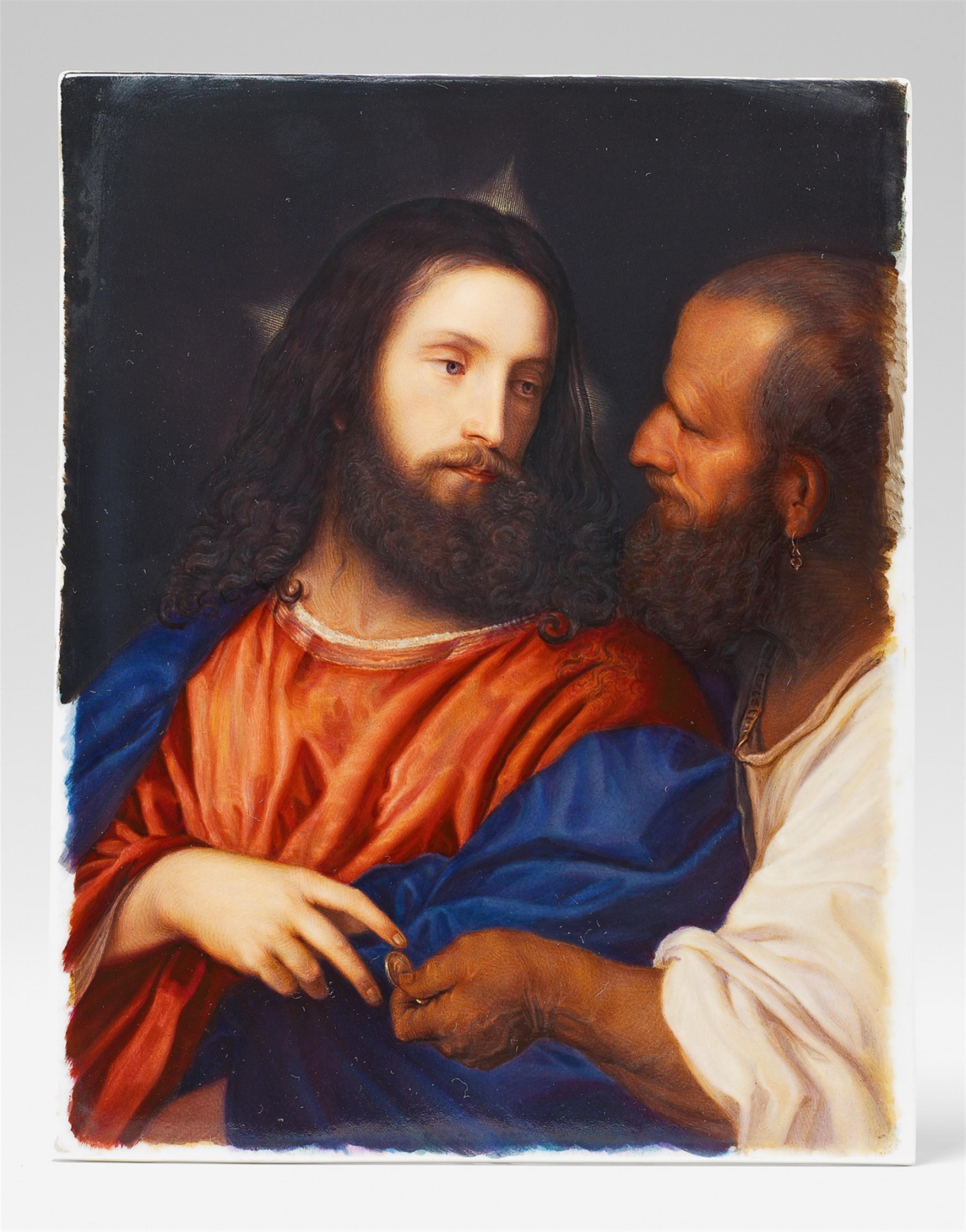A framed porcelain plaque painted after Titian's "The Tribute Money". - image-1
