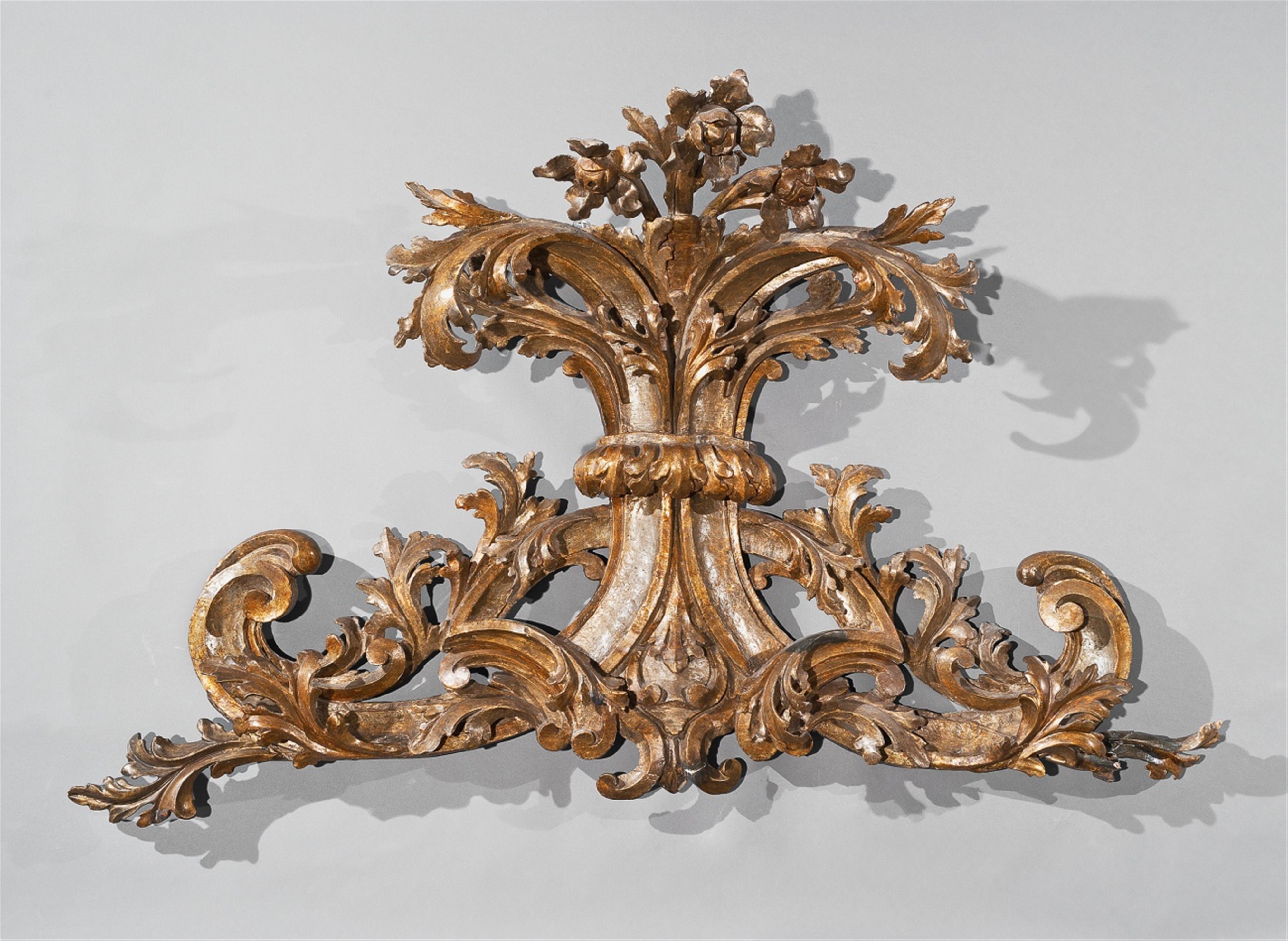 A Venetian carved and gilt and silver painted softwood headboard. - image-1