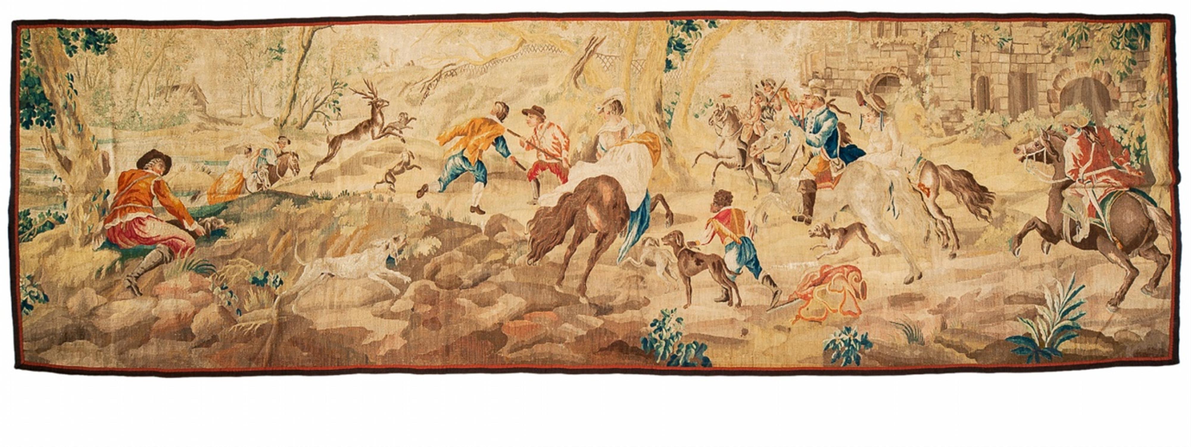 Fragment of a Louis XVI period Aubusson wool and silk tapestry with a stag hunt. - image-1