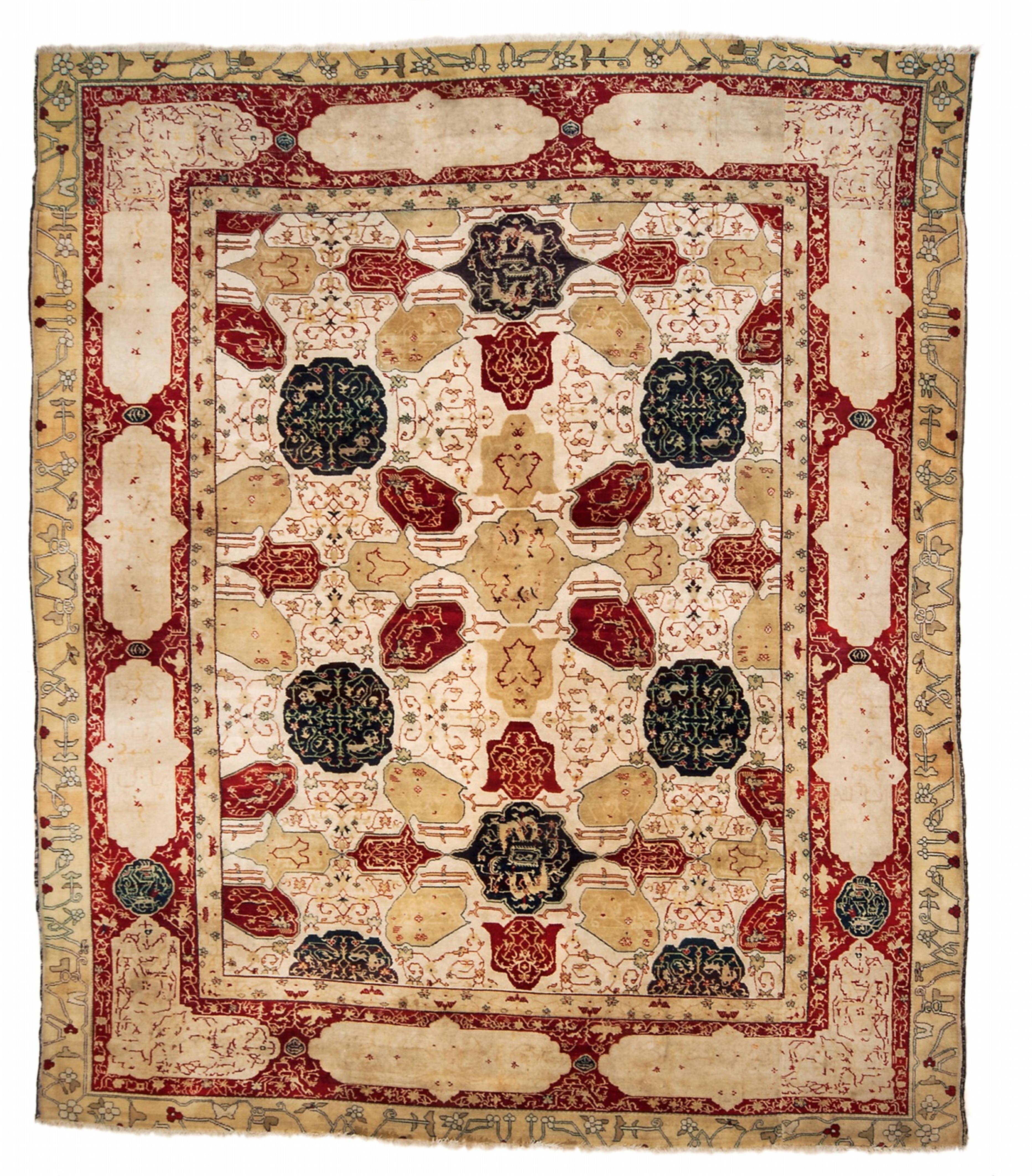 A large Indian woolen agra carpet with calligraphic decor. - image-1