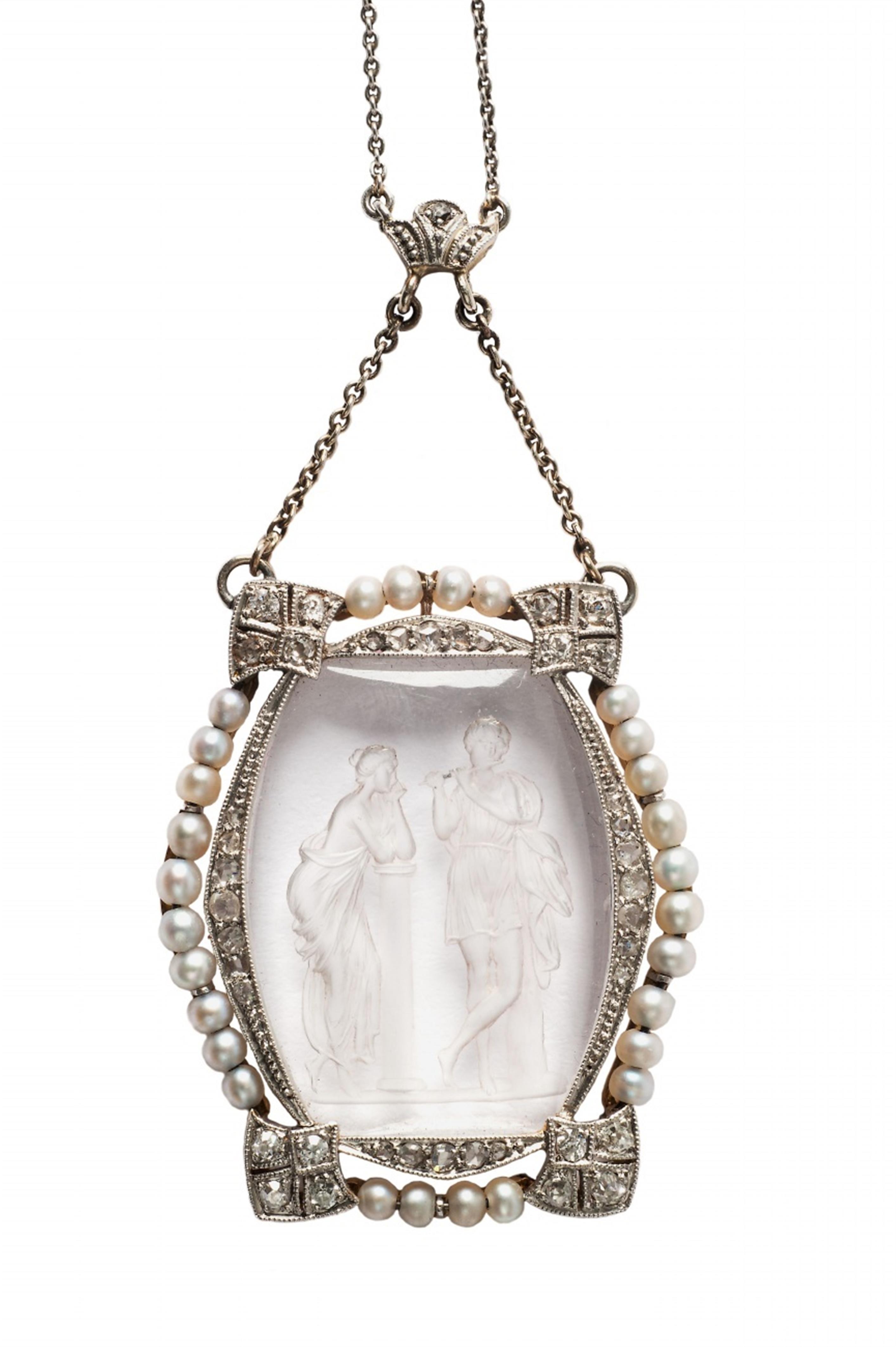 A Neoclassical platinum and 18k gold cameo pendant necklace. - image-1