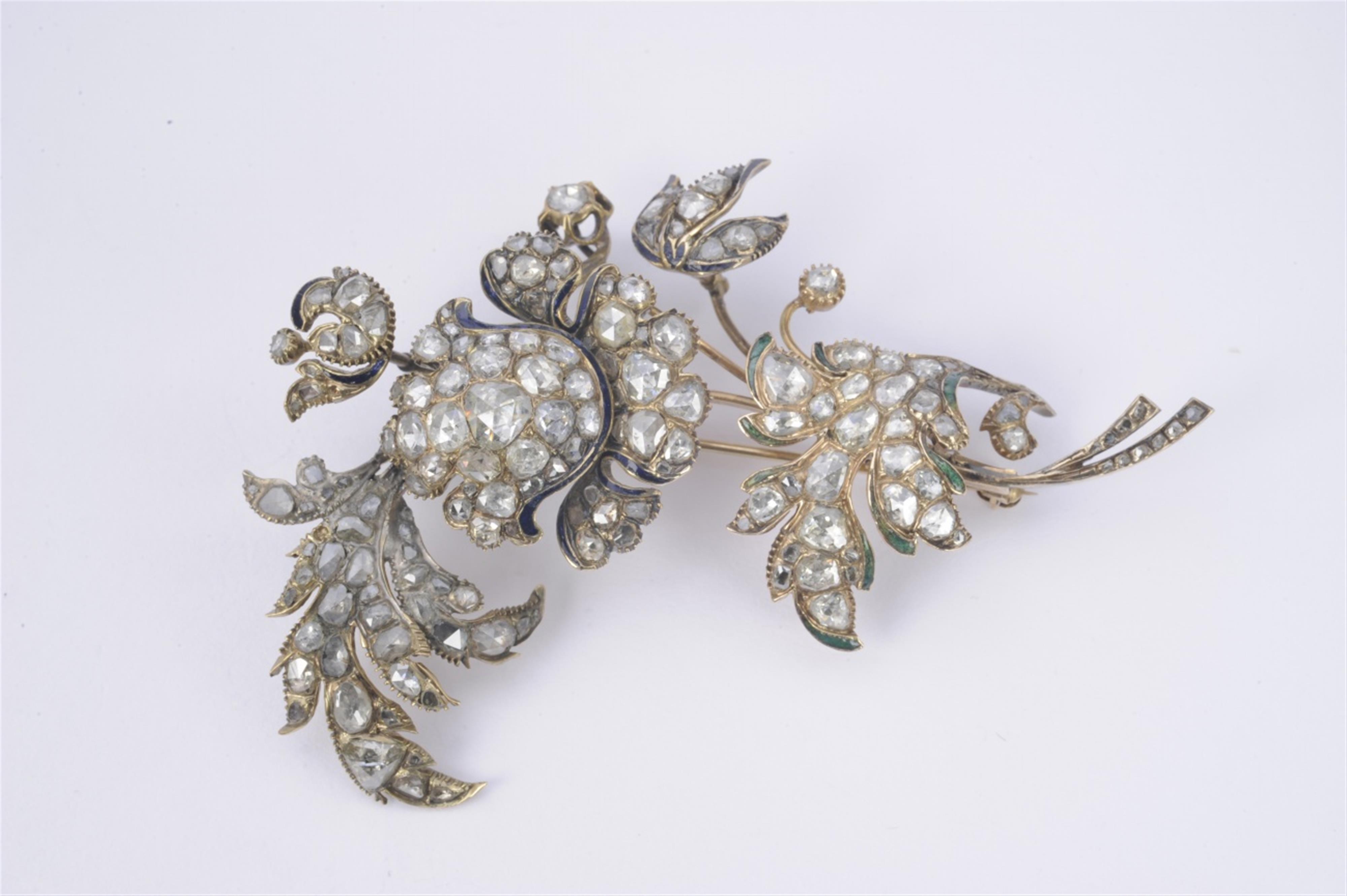 A 14k gold, diamond and enamel brooch formed as a flowering branch. - image-1