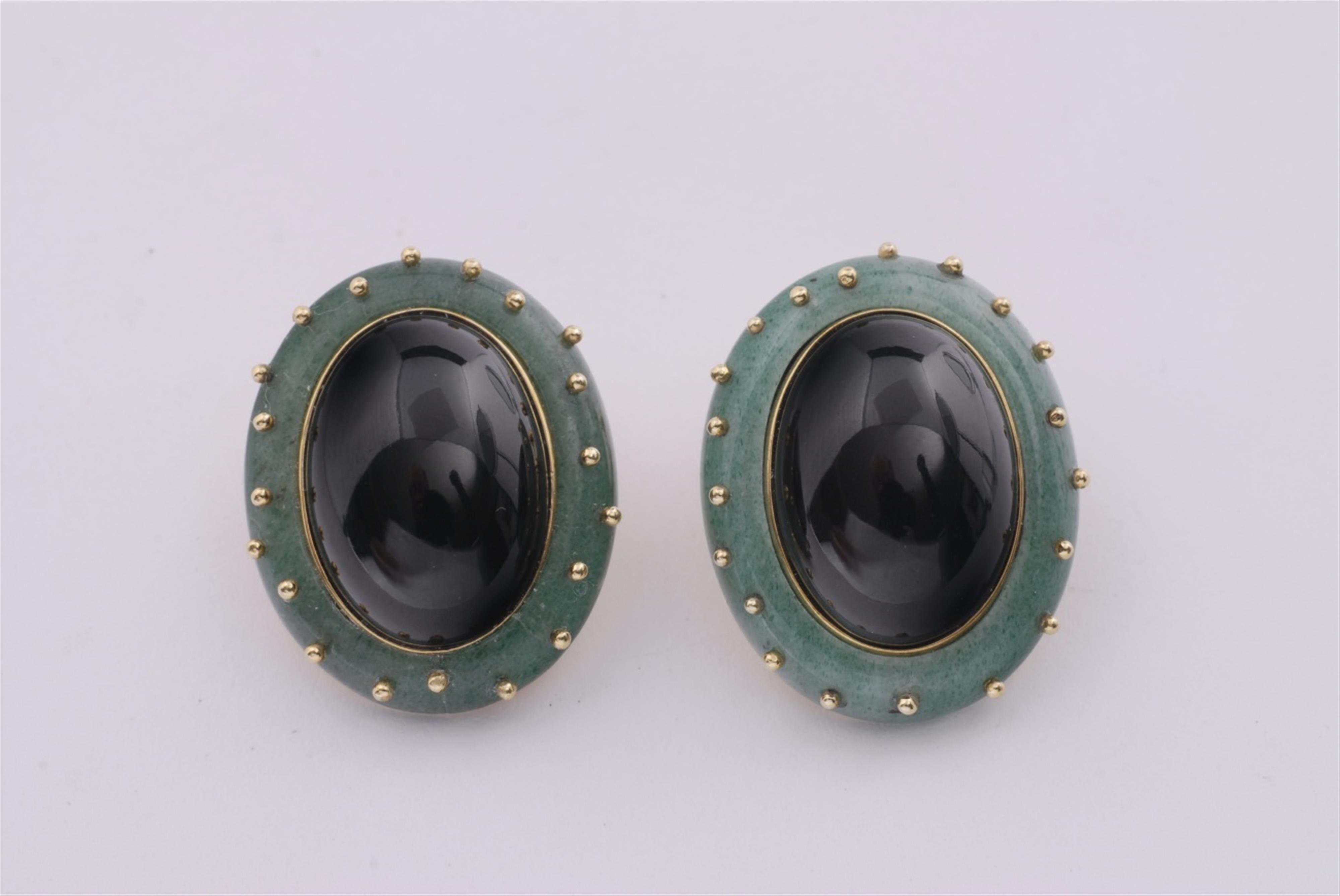 A pair of 18k gold and nephrite clip earrings. - image-1