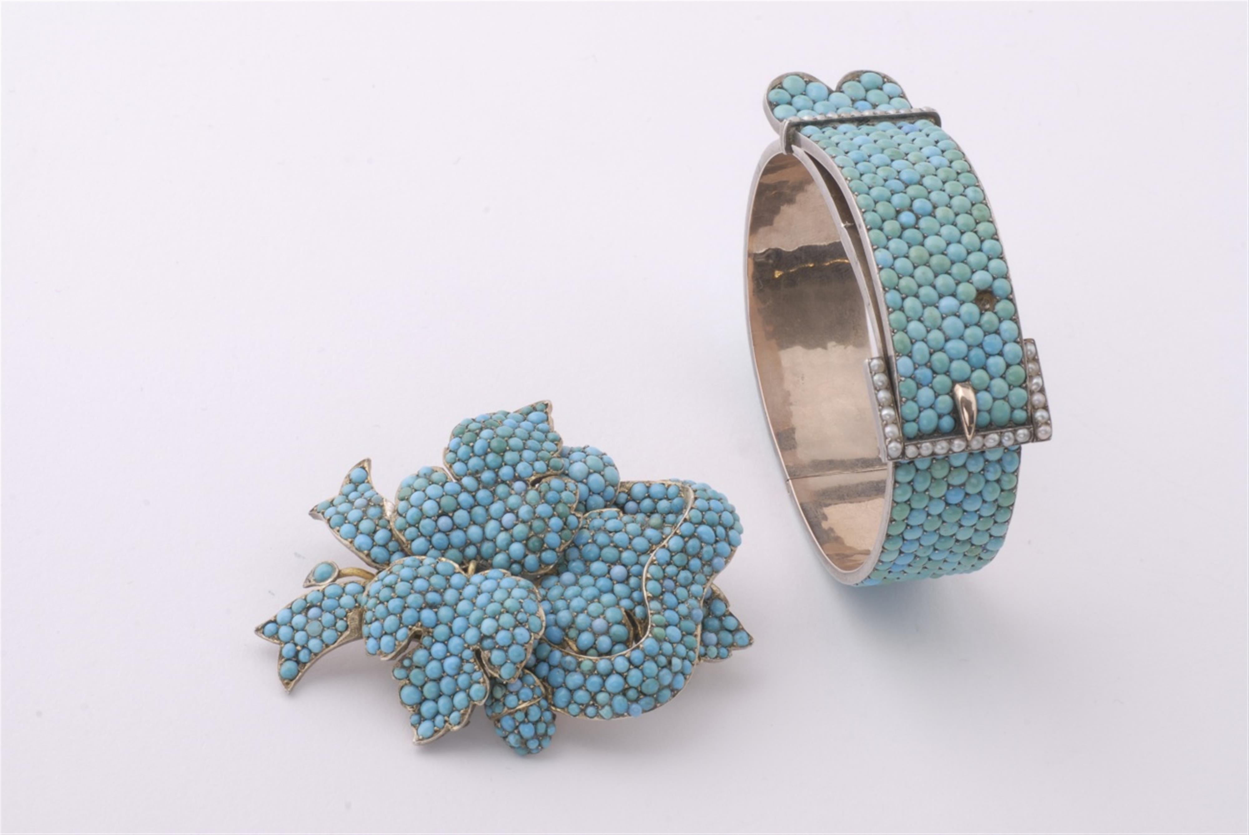 A brooch and bracelet pavé set with turquoise. - image-1