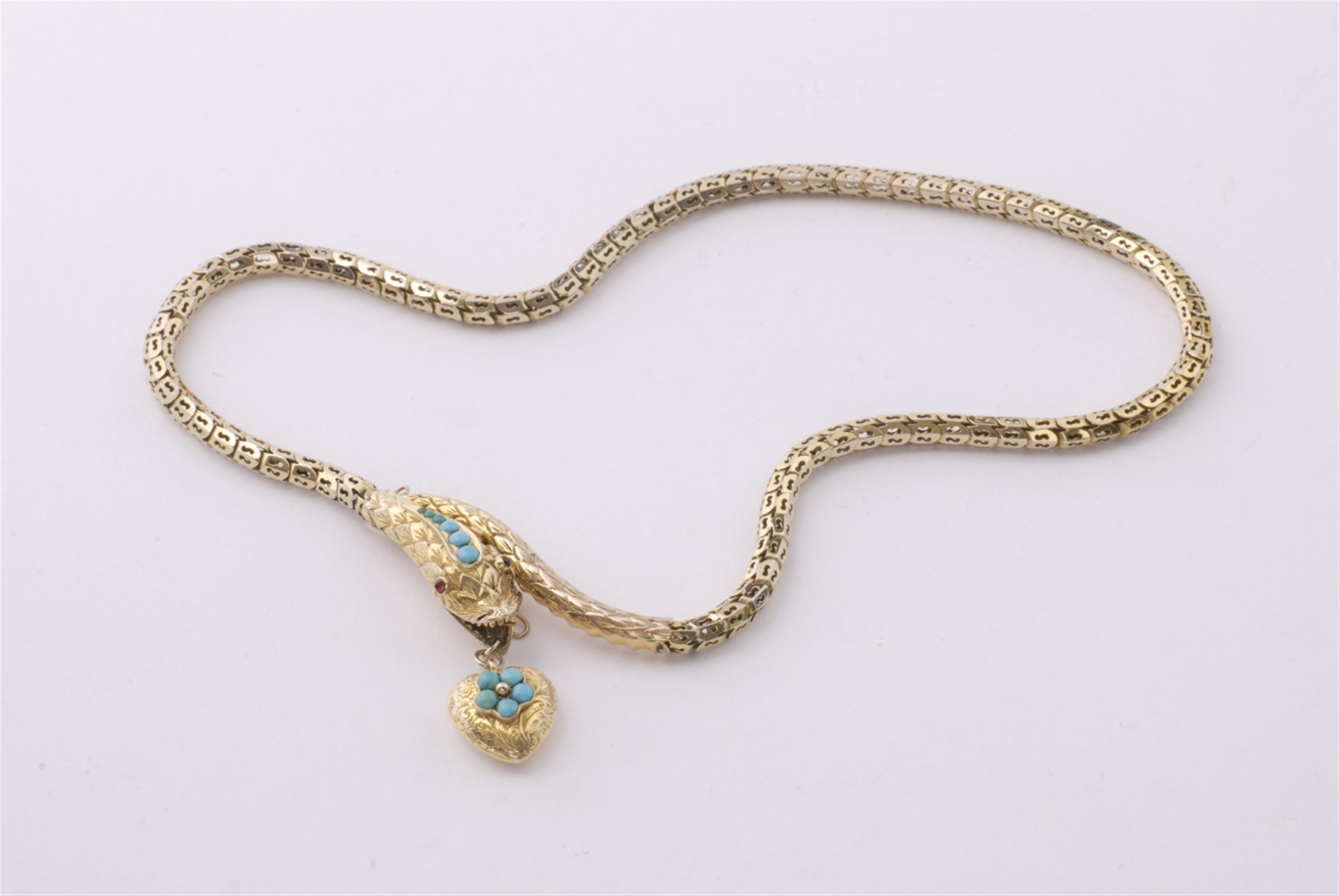 A Victorian gilt metal and 9k gold snake necklace. - image-1