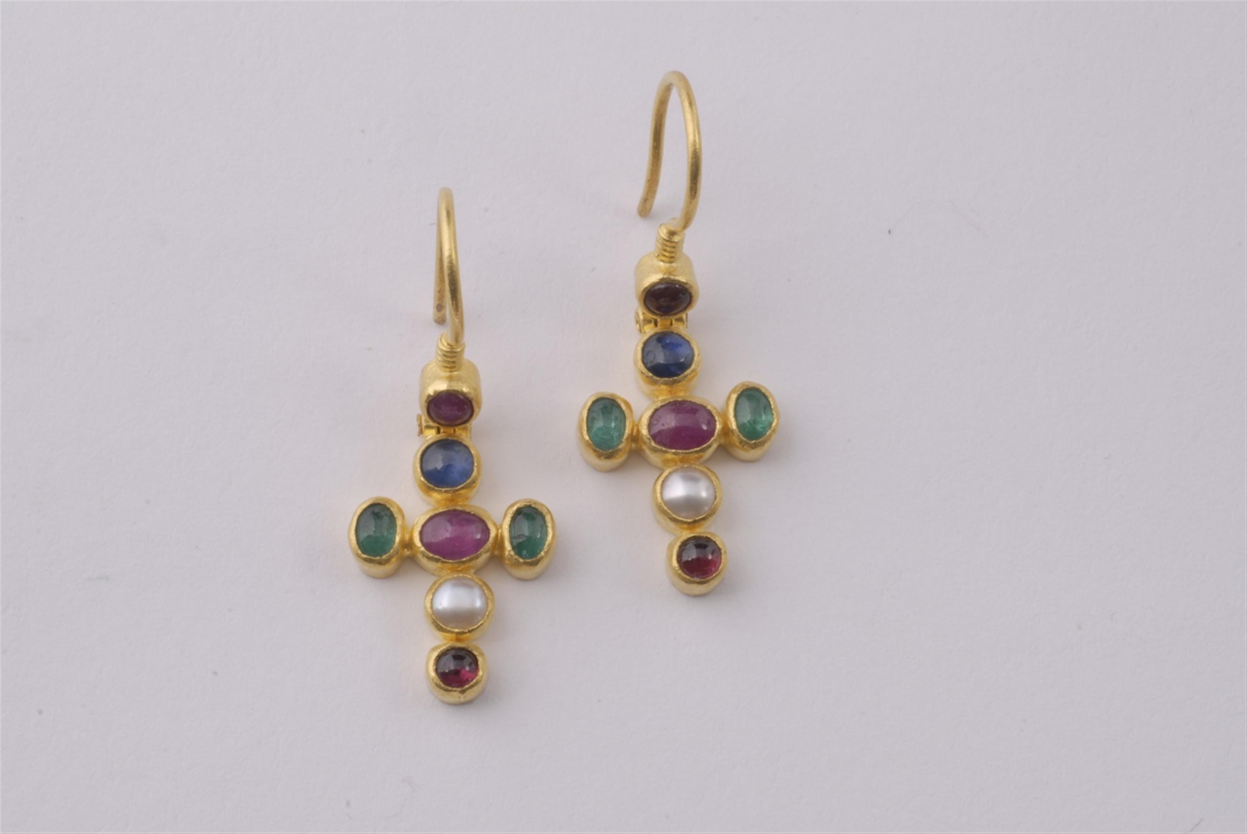A pair of 24k gold and coloured stone earrings. - image-1