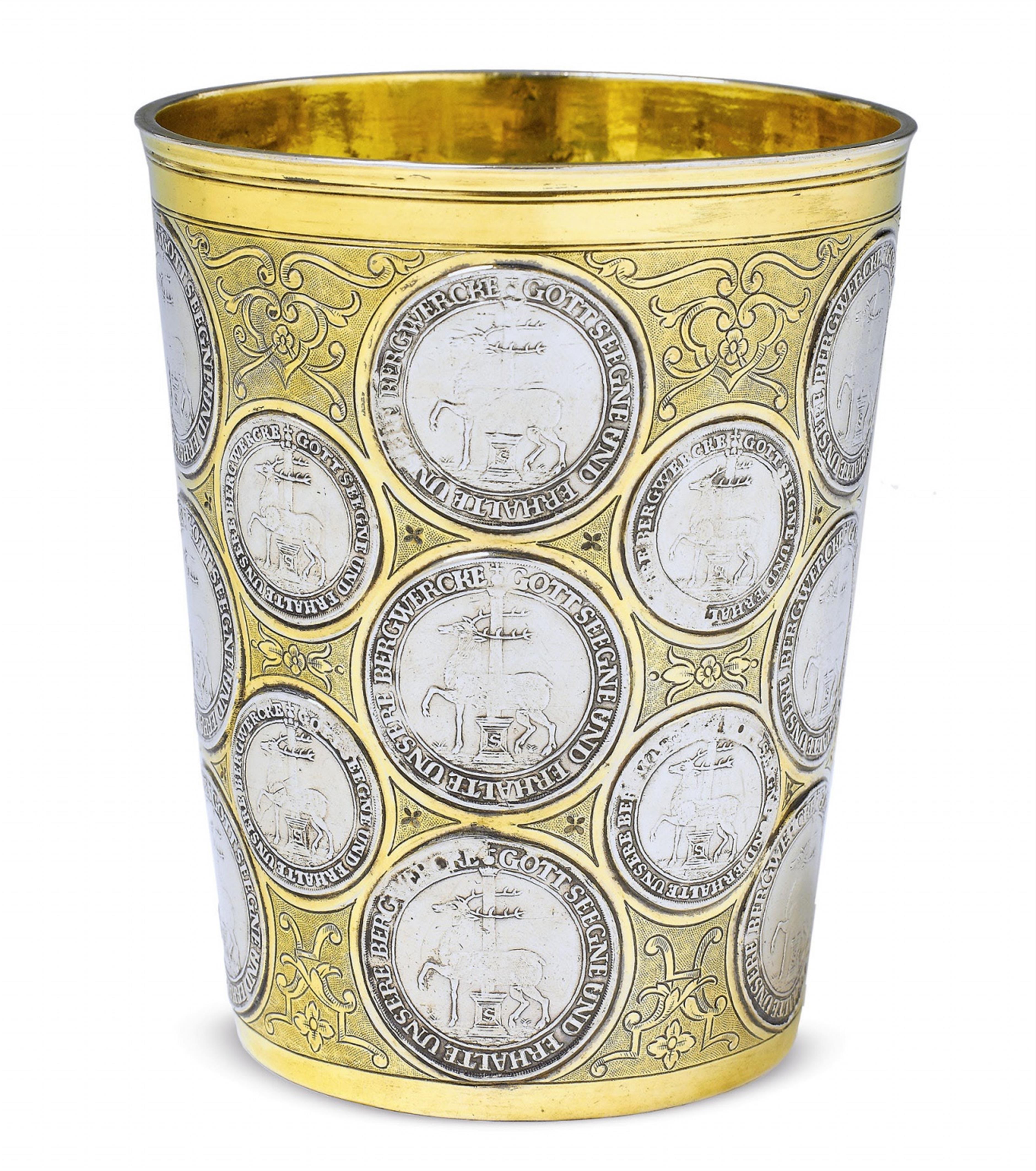 A large Augsburg partially gilt silver coin-set beaker - image-1