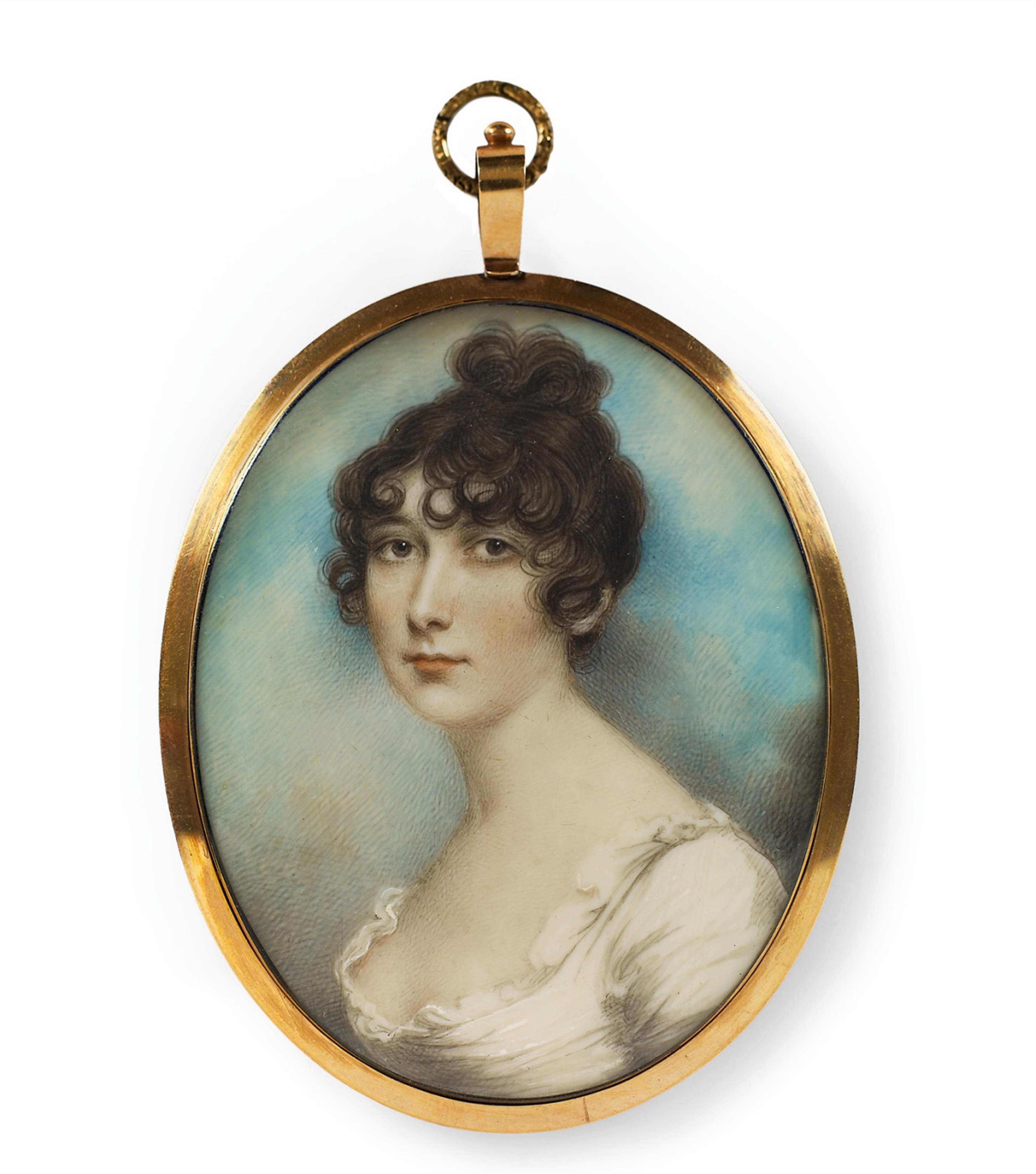 An English portrait miniature of a young lady in a white dress. - image-1
