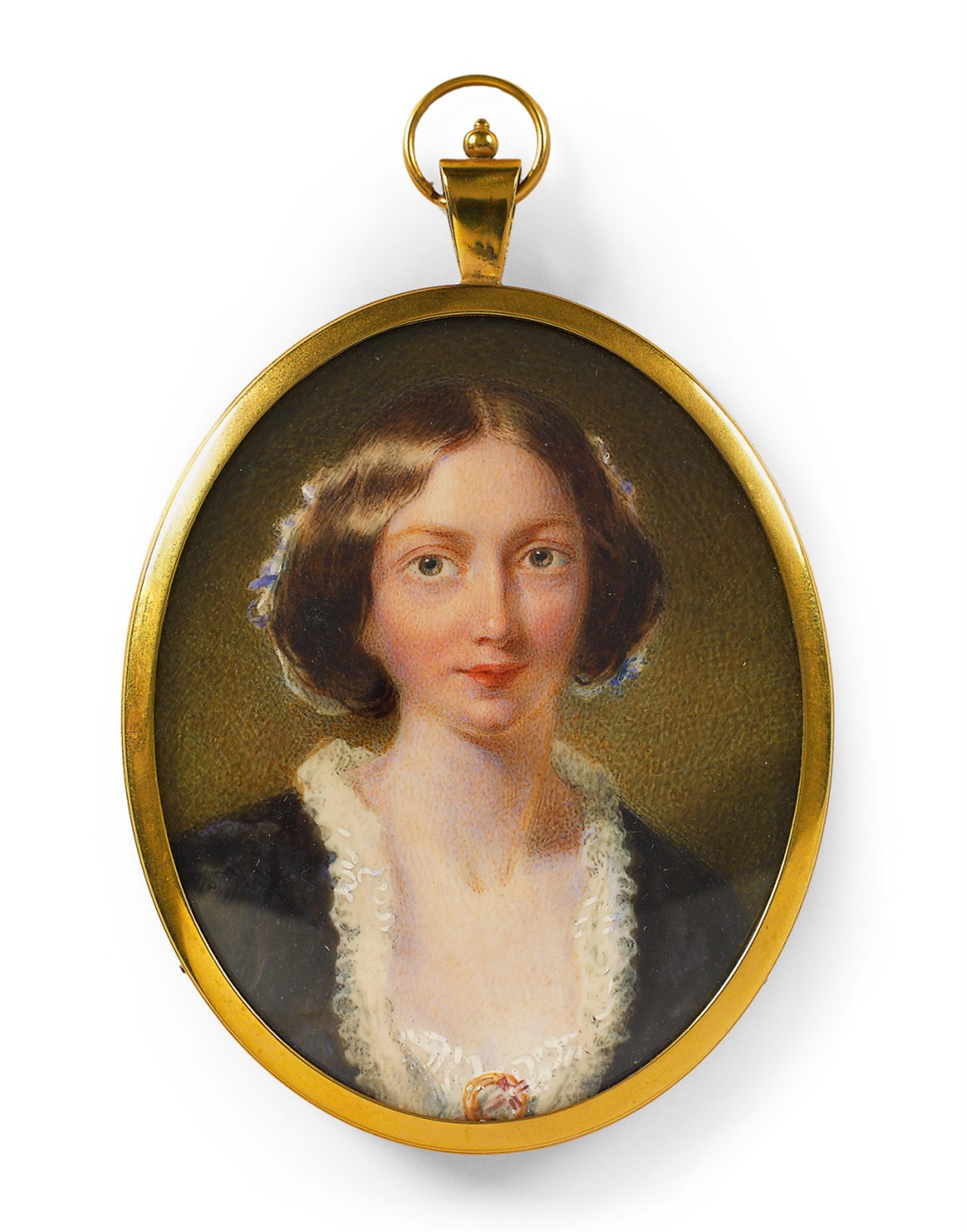 An English portrait miniature of a young lady in a frilled black dress. - image-1