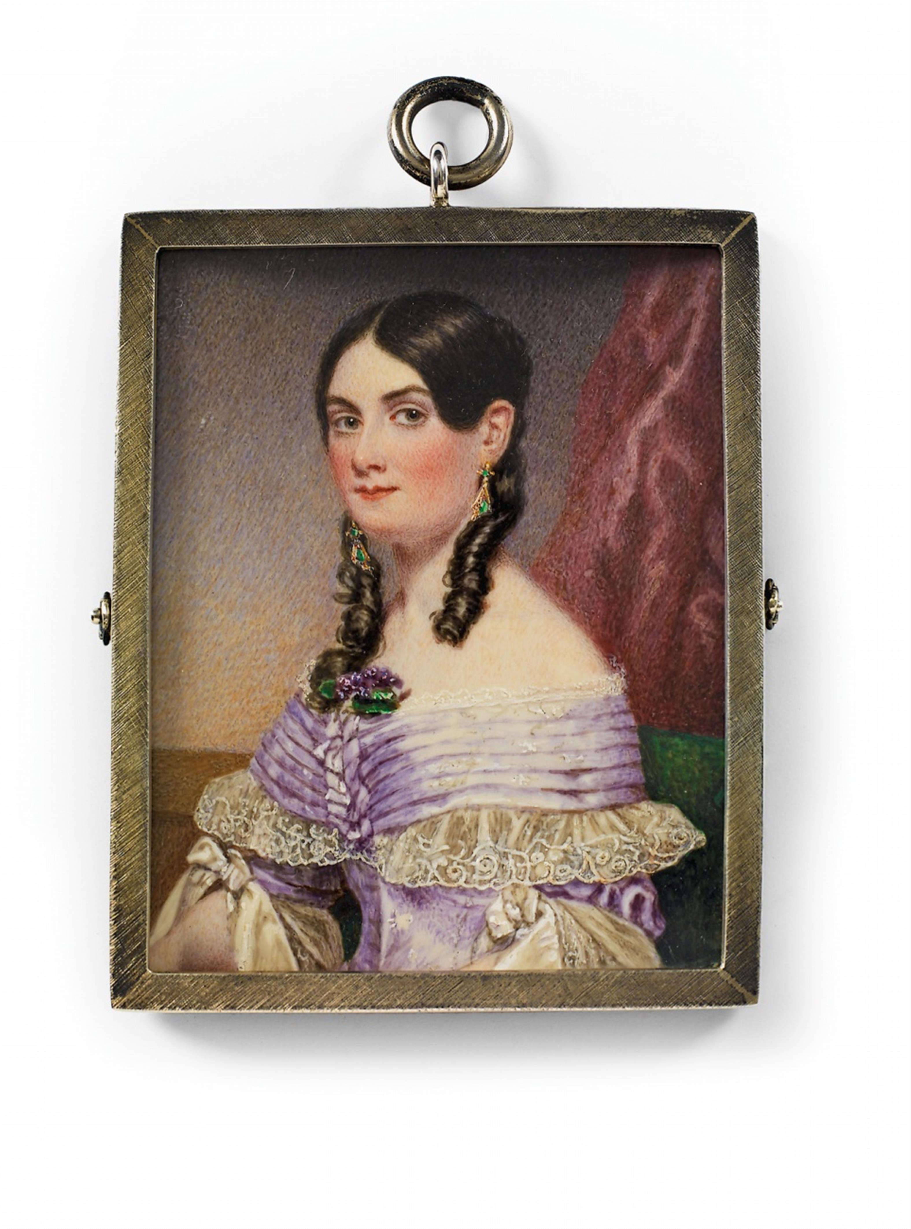 An English portrait miniature of a young lady in a lilac gown. - image-1