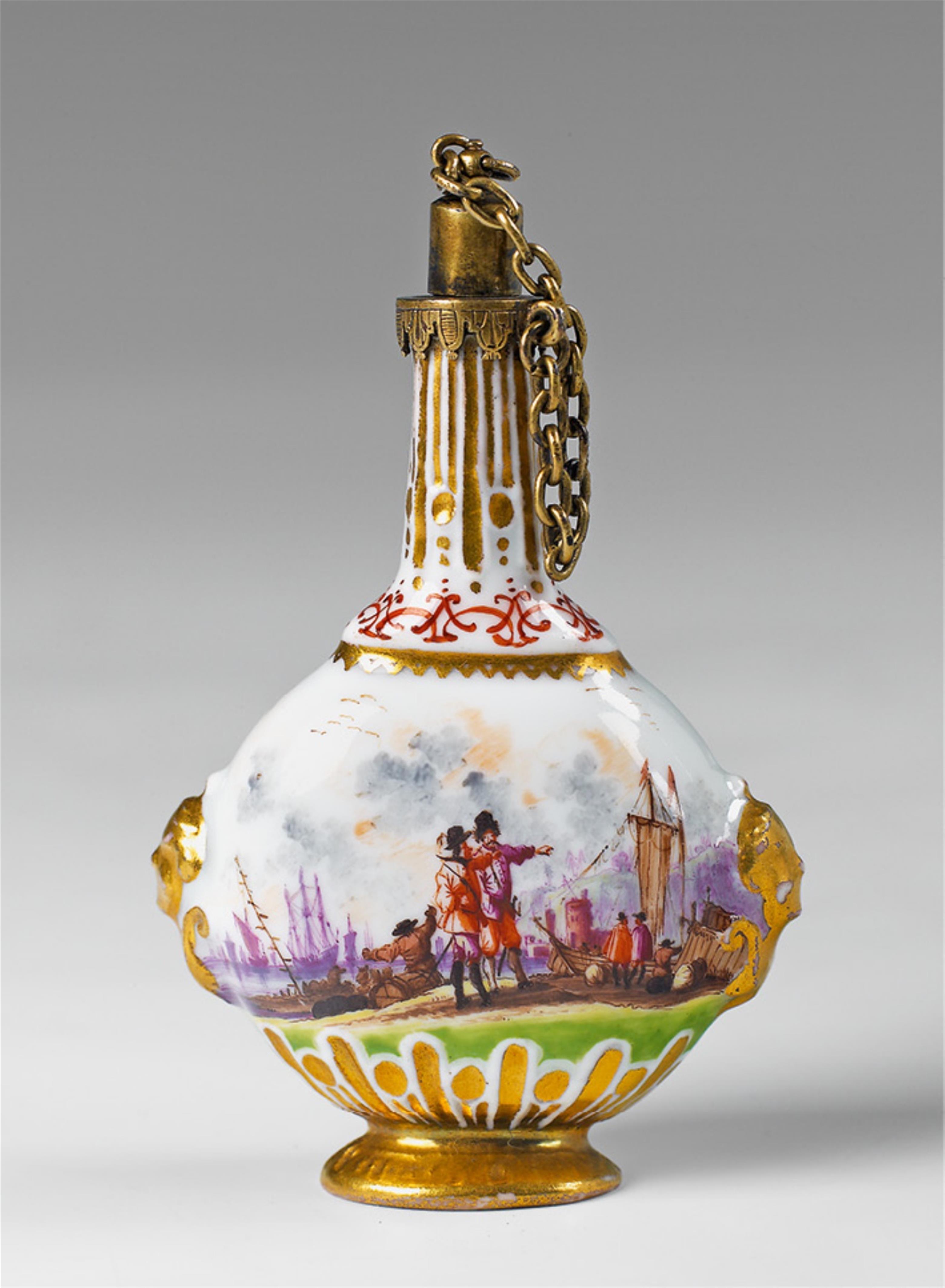 A vermeil mounted Meissen porcelain flask with merchant navy scenes. - image-2