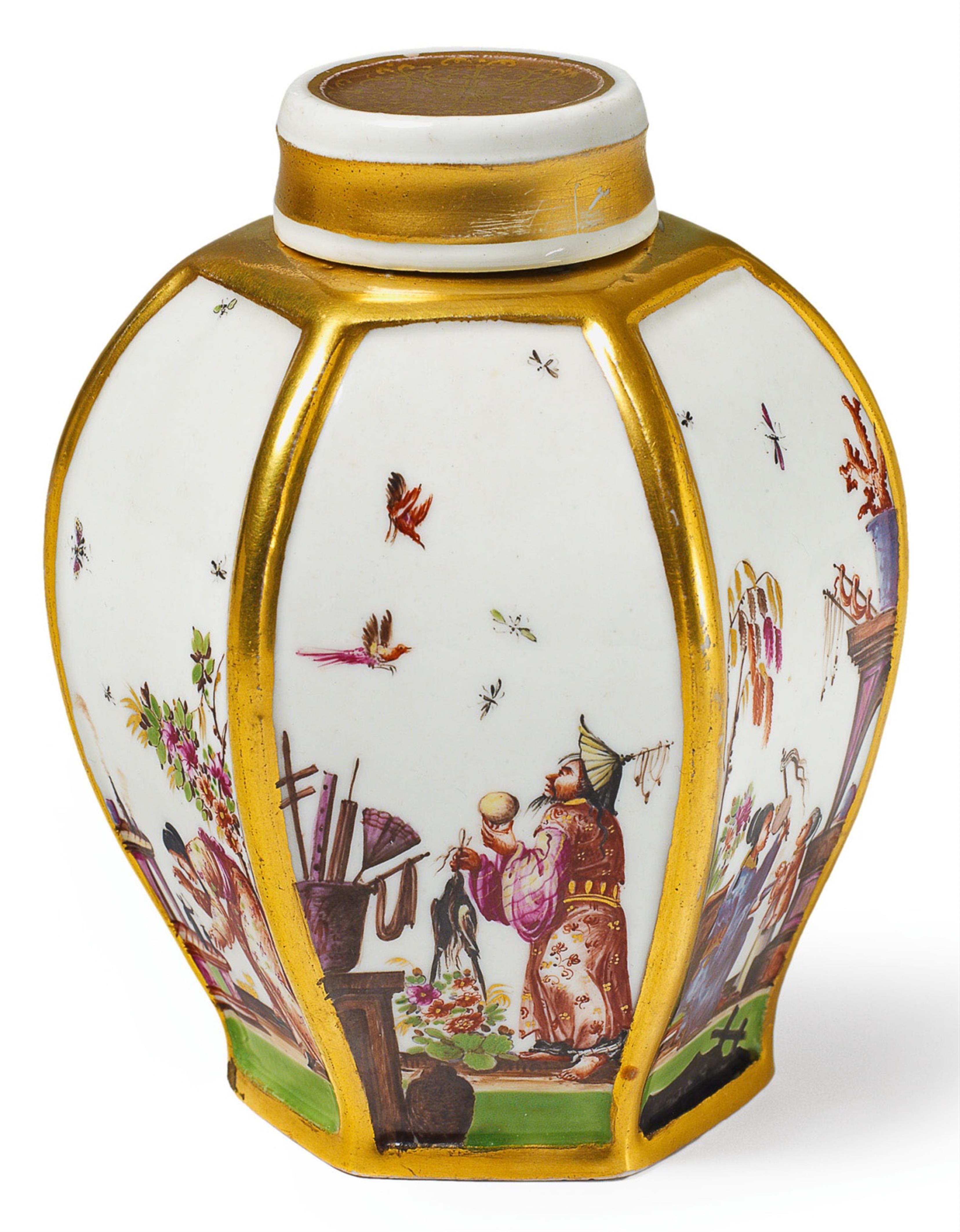 A hexagonal Meissen porcelain tea caddy with chinoiserie decor. - image-1